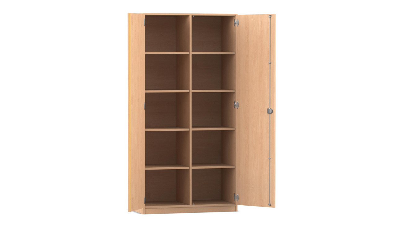 Flexeo® Schrank, Buche hell, 10 Fächer, Mittelwand, 2 Türen, Bogengriff mit Schloss, HxBxT: 190 x 94,4 x 40 cm