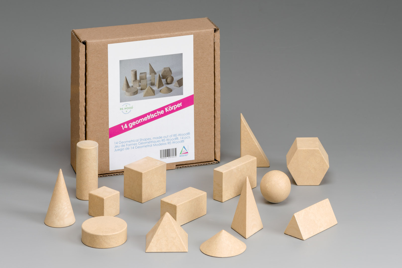 14 geometrische Figuren, Set Geometrische Körper aus RE-Wood®, 1.-4. Klasse