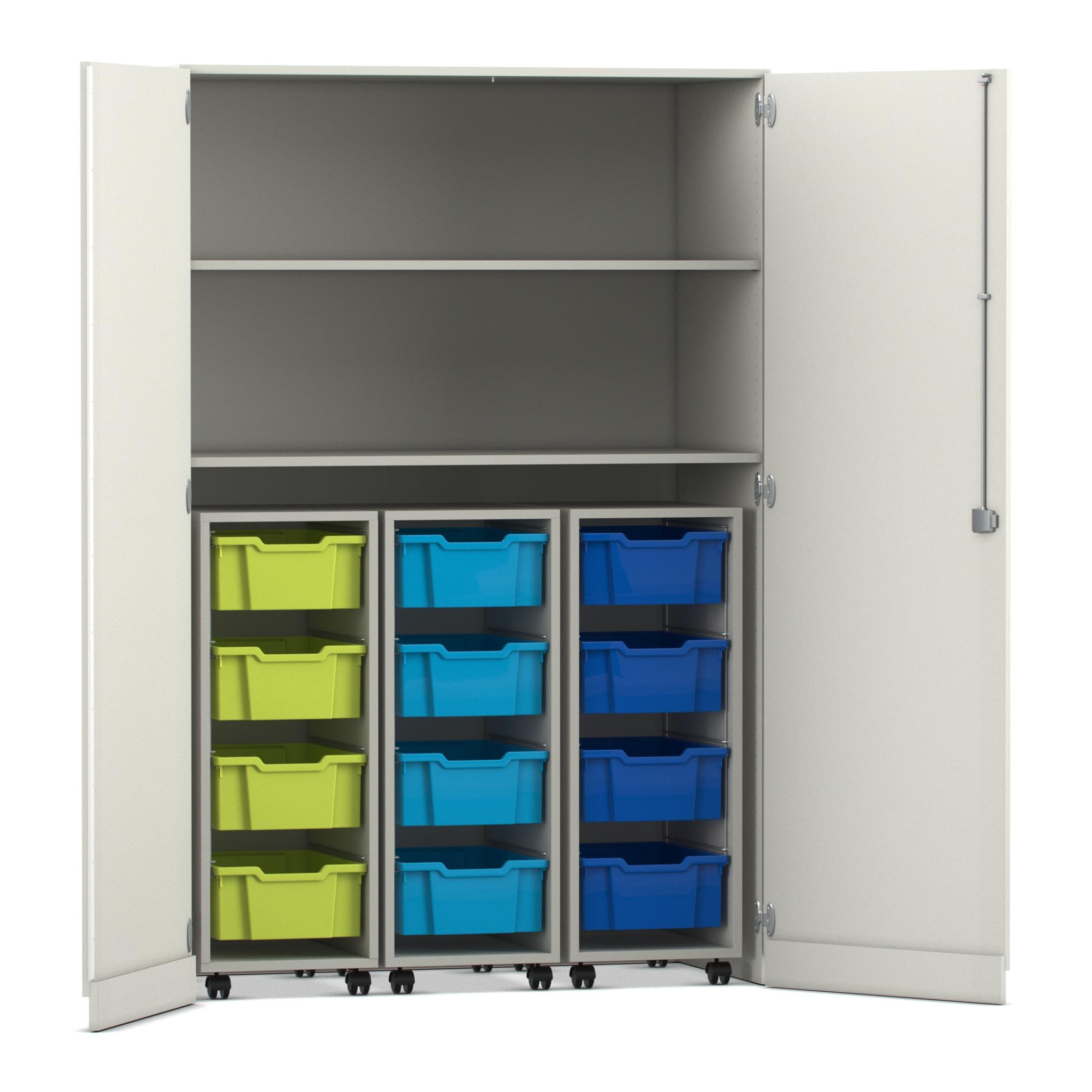 Flexeo® Garagenschrank PRO, Dekor weiß, HxBxT: 190 x 126,4 x 60 cm, 3 Rollcontainer, 12 Boxen bunt B, Dreholive