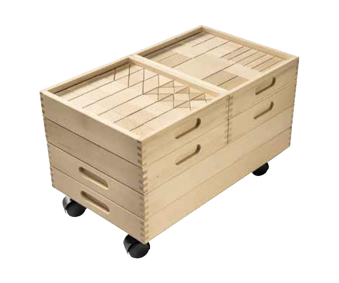 Fröbel-Bauwagen, 230 Bausteine in 6 Holzkästen
