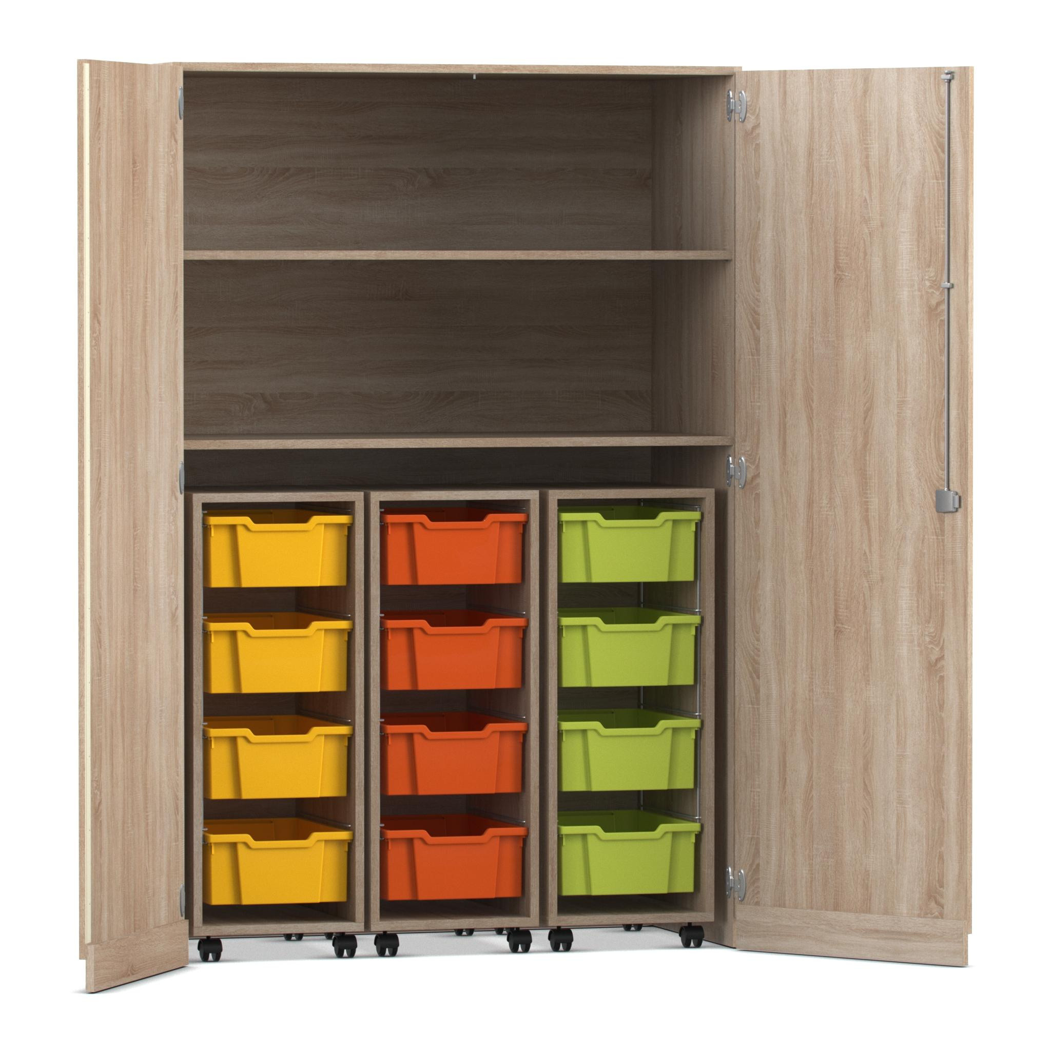 Flexeo® Garagenschrank PRO, Eiche natur, HxBxT: 190 x 126,4 x 60 cm, 3 Rollcontainer, 12 Boxen bunt A, Dreholive