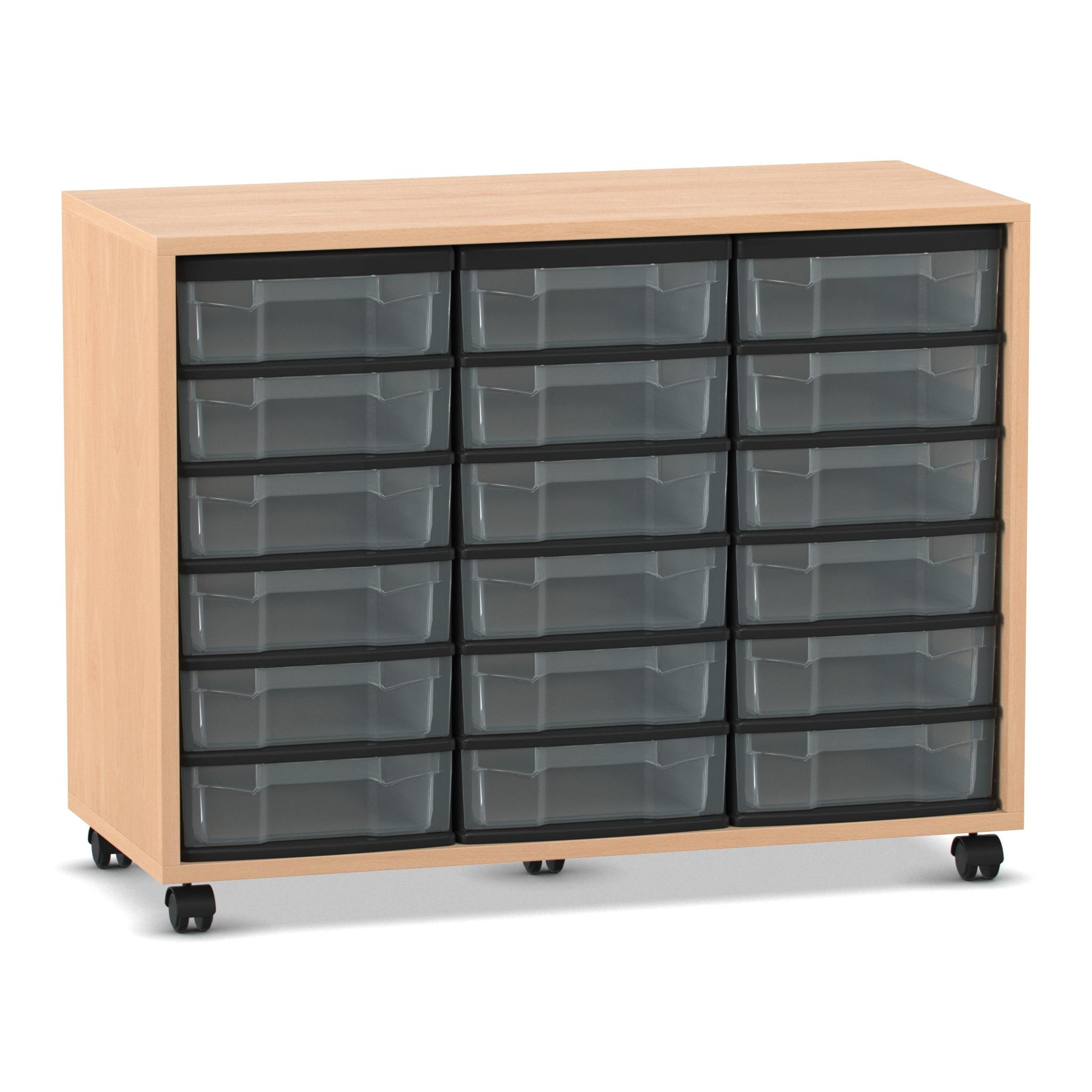 Flexeo® Regal, Buche hell mit 3 Reihen, Boxen transparent, Rollen, HxBxT: 72,8x94,8x40,8 cm