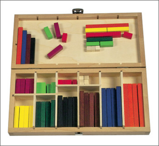 Cuisenaire-Stäbe farbig, 100 Stück im Holzkasten