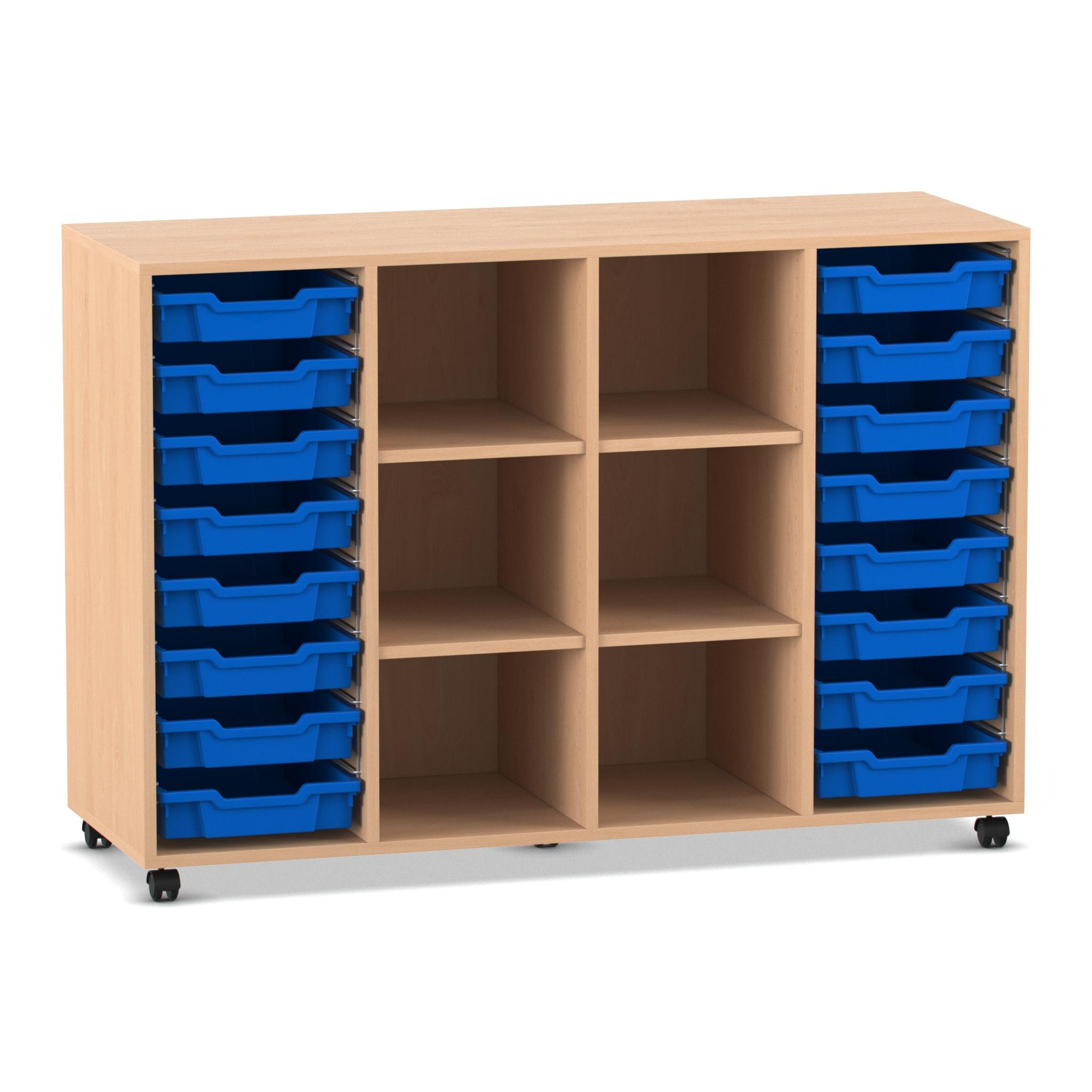 Flexeo Regal PRO, Buche hell, HxBxT: 99,1x143,9x48 cm, 4 Reihen, 16 kleine Boxen dunkelblau, Rollen