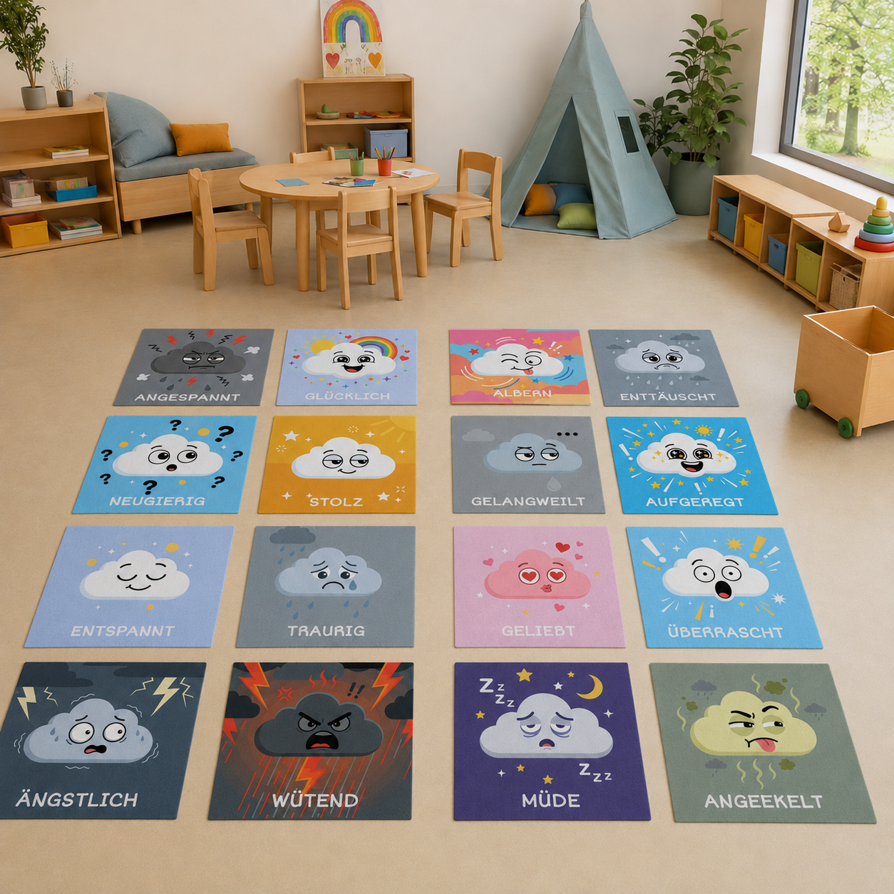 Sitz-Teppichfliesen Emotionen, 16 Wolken mit verschiedenen Gefühlen, für Kinder, 34 x 34 cm