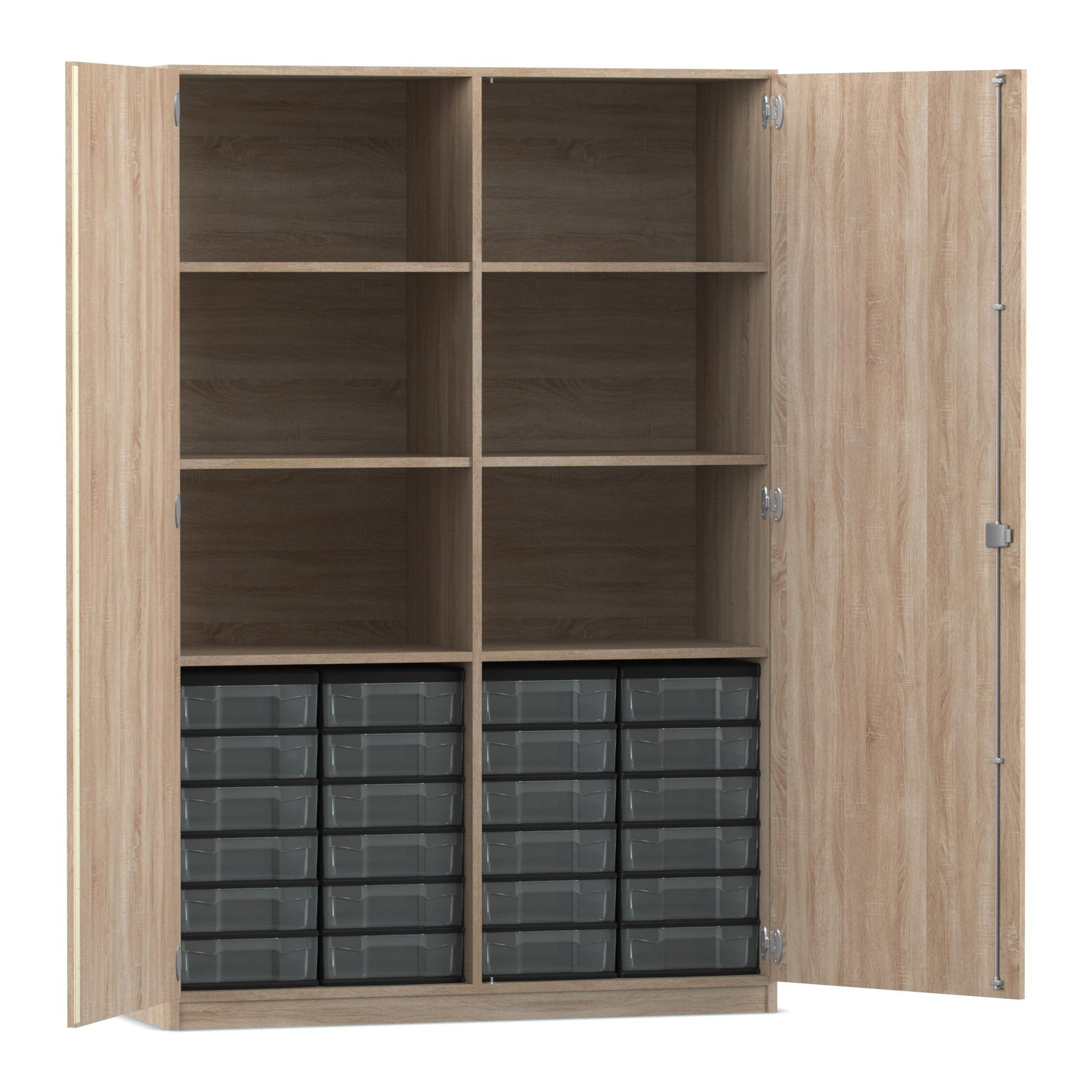 Flexeo® Schrank, Eiche natur, 24 kleine Boxen transparent, 6 Fächer, Mittelwand, 2 Türen, HxBxT: 190 x 126,4 X 50 cm, Dreholive