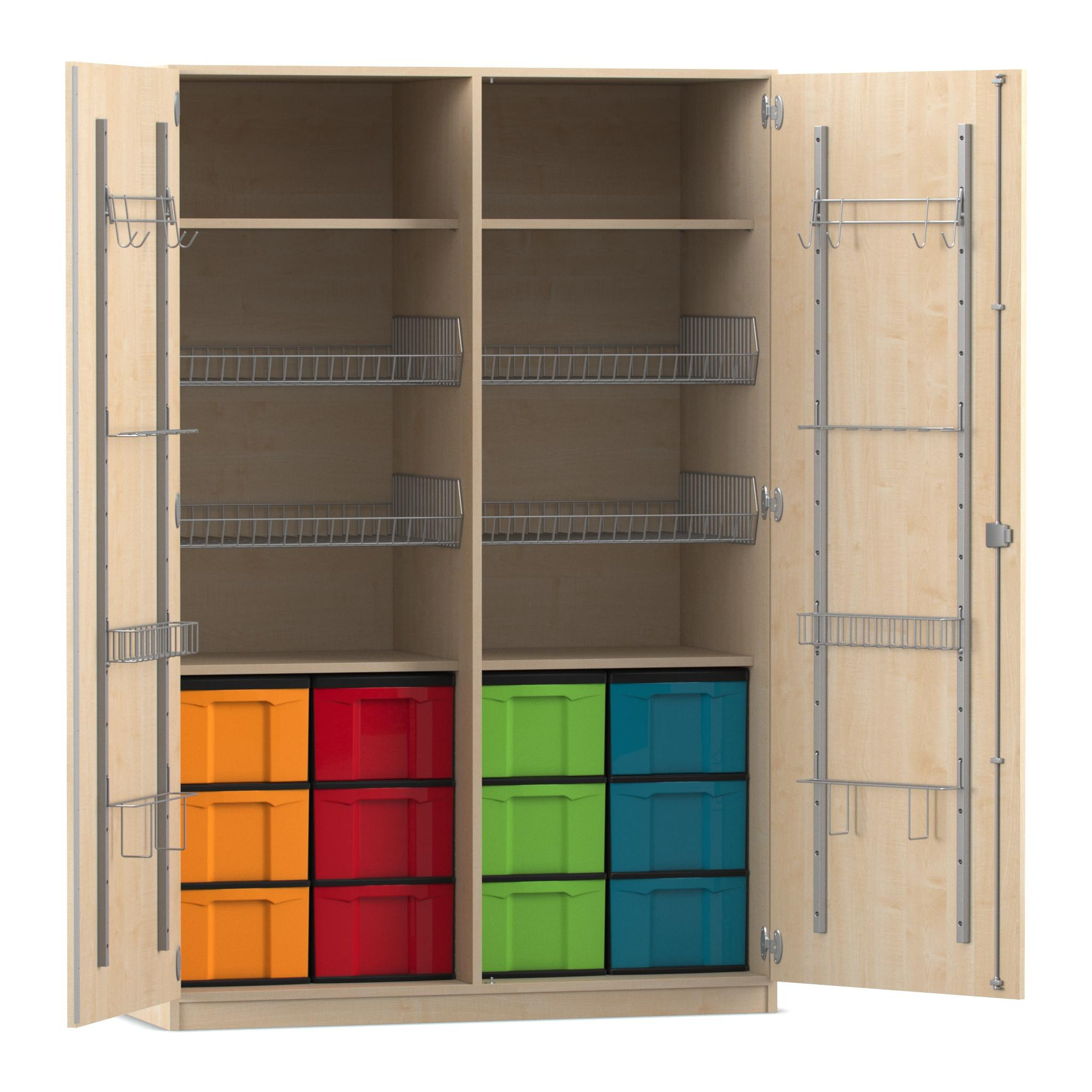 Flexeo Sportschrank, Ahorn honig, HxBxT: 190 x 126,4 x 60 cm, 4 Gitterkörbe, 12 große Boxen bunt, Bogengriff mit Schloss