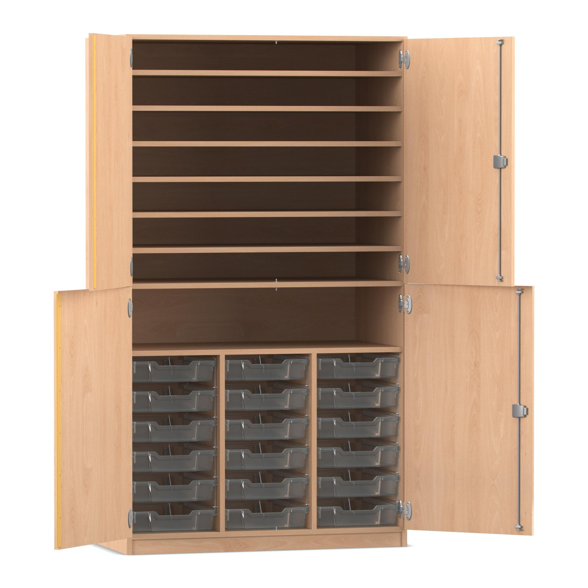Flexeo Bastelschrank, Buche hell, HxBxT: 190 x 108,1 x 60 cm, 4 Halbtüren, 18 kleine Boxen transparent, Bogengriff mit Schloss