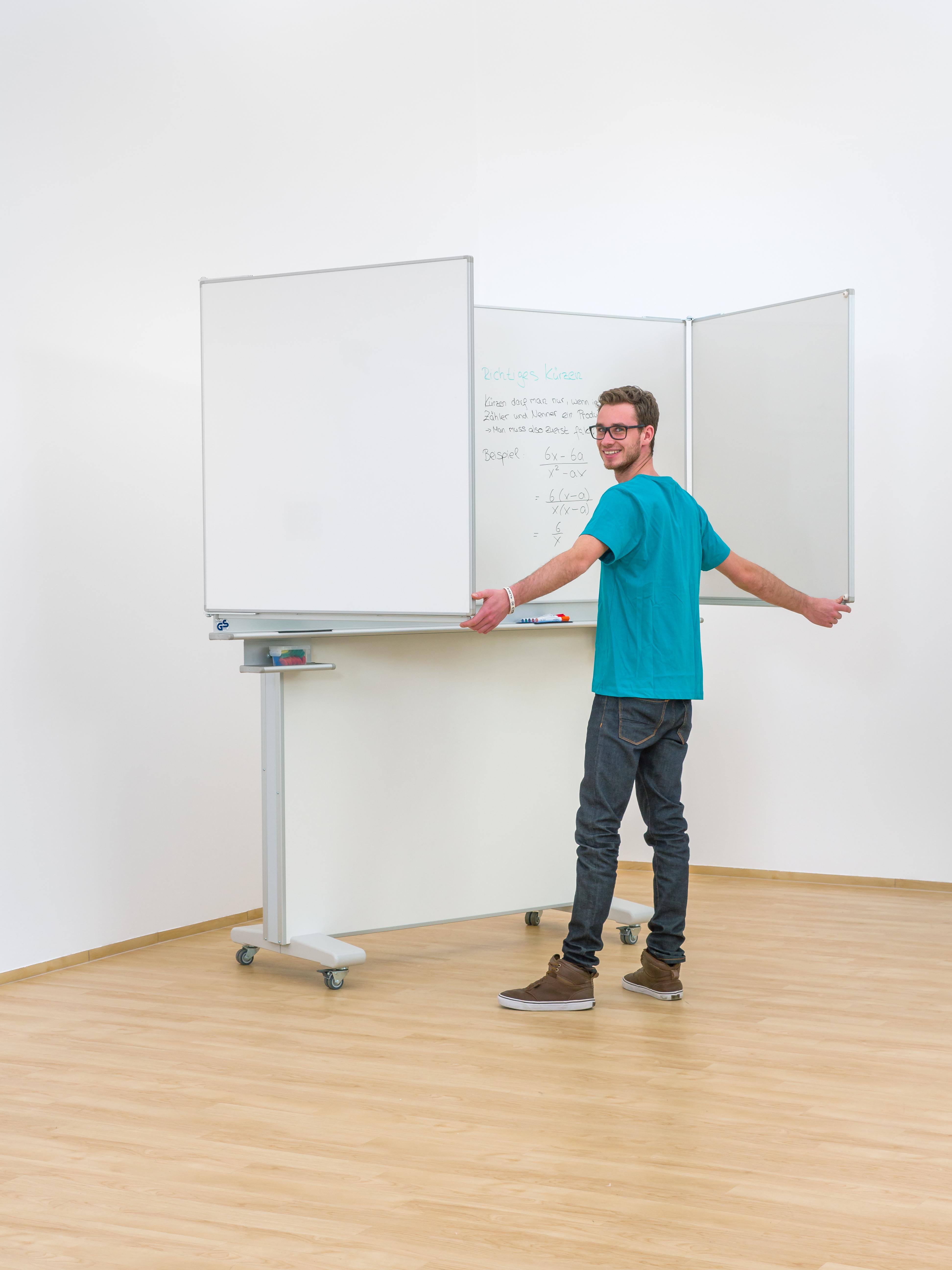 Gestell-Klappschiebetafel, fahrbar und GS-geprüft, weiß, 150x100cm