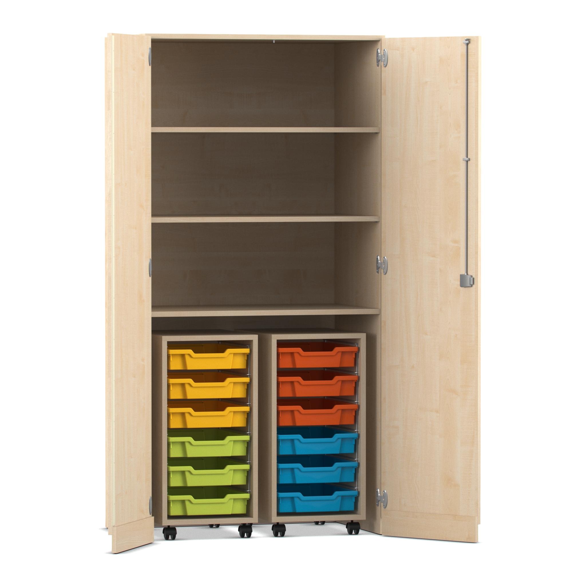 Flexeo® Garagenschrank PRO, Ahorn, 2 Rollcontainer, 12 kleine Boxen bunt, 3 Fächer, HxBxT: 190 x 94,4 x 60 cm, Schloss