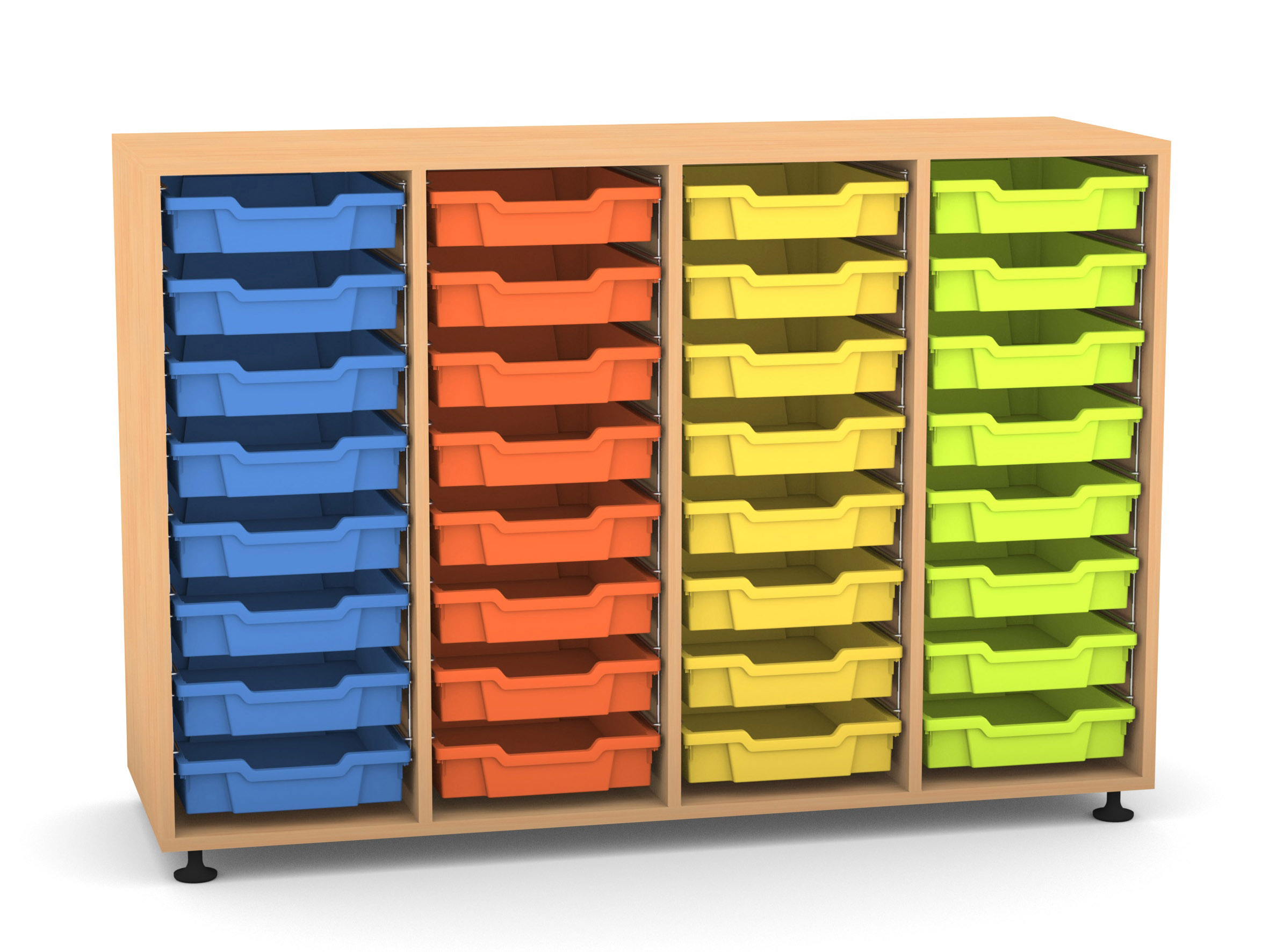 Flexeo Regal PRO, HxBxT: 99.1 x 143.9 x 48 cm, mit 4 Reihen und 32 kleinen Boxen Dekor Buche hell, Stellfüße, Boxen orange gelb grün hellblau