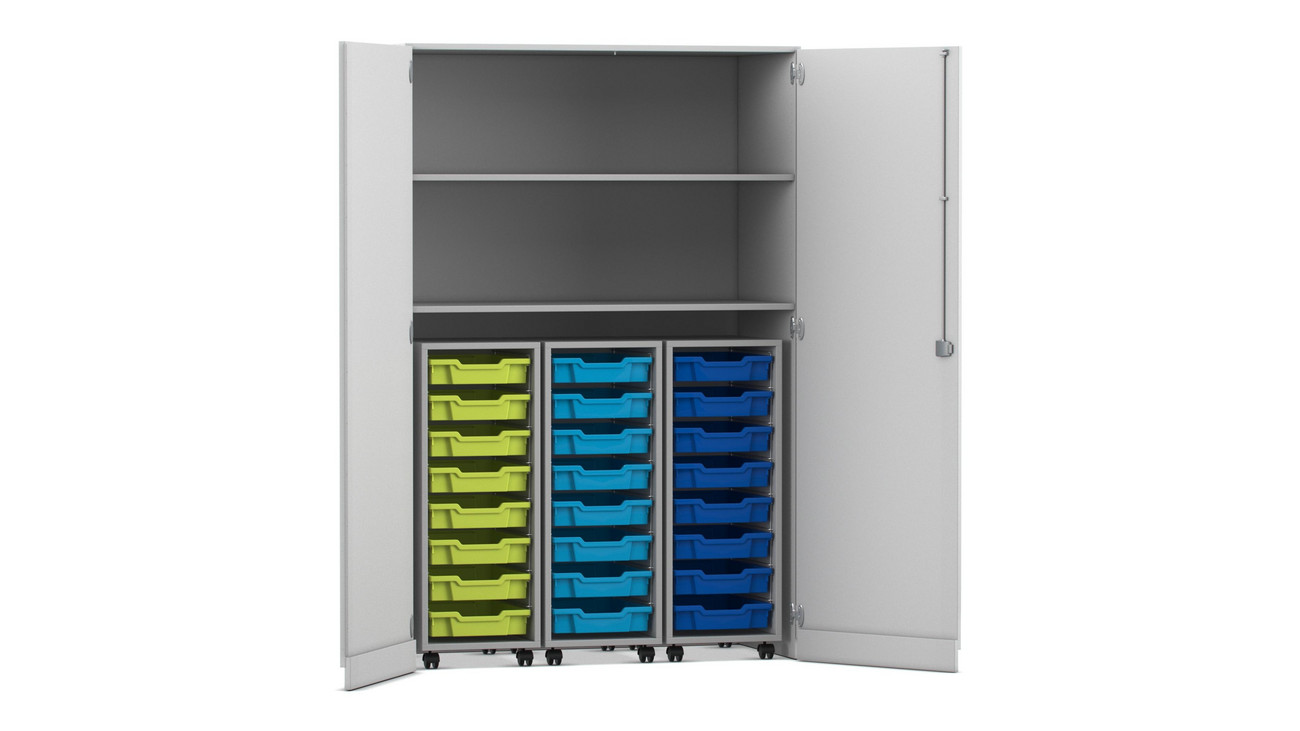 Flexeo® Garagenschrank PRO, Dekor grau, 3 Rollcontainer, HxBxT: 190 x 126,4 x 60 cm, 24 Boxen Gr. S bunt B, Bogengriff mit Schloss
