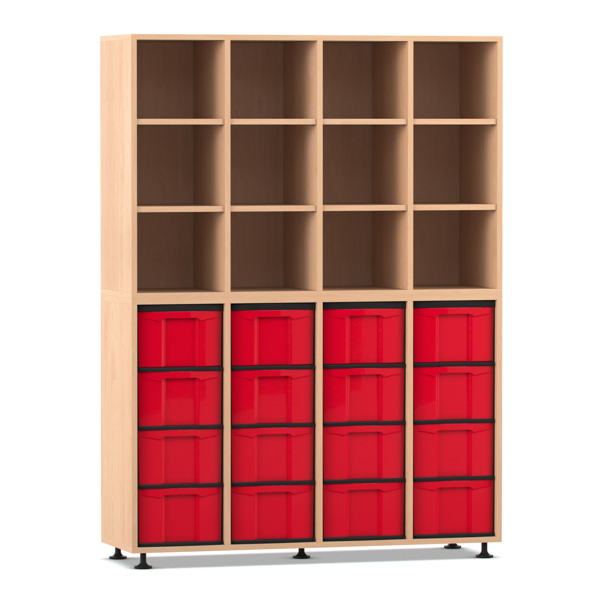 Flexeo Regal mit 4 Reihen, Buche hell, Sockel, inkl. 16 große Boxen rot unten