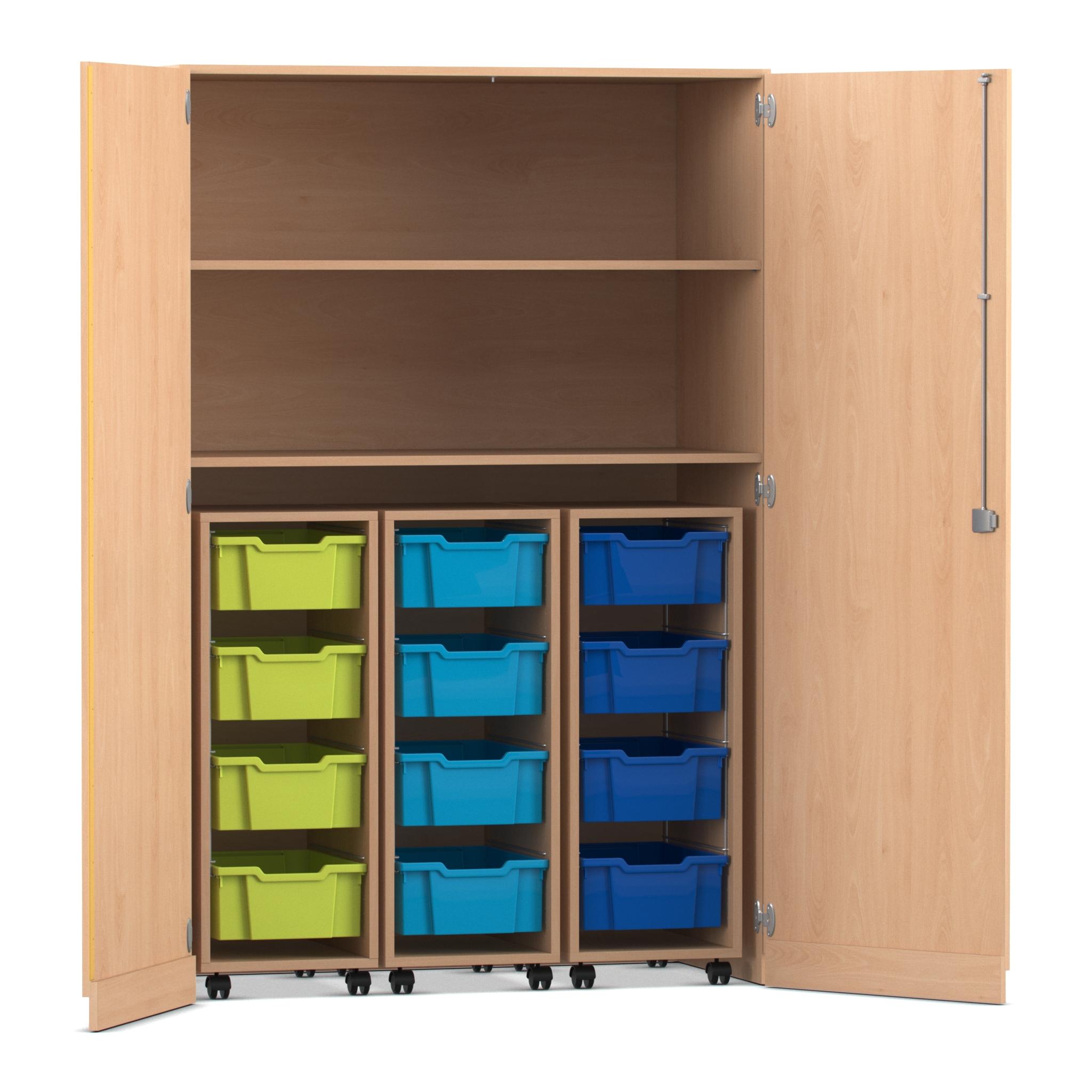 Flexeo® Garagenschrank PRO, Buche hell, 3 Rollcontainer, 12 Boxen bunt B, Schloss