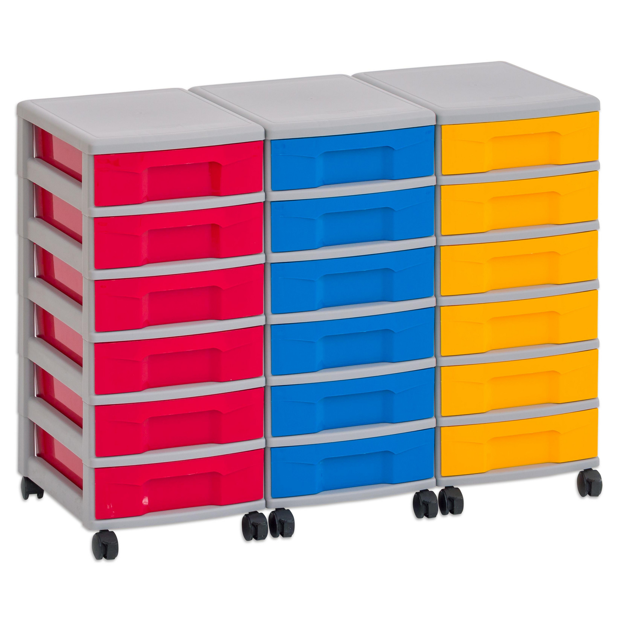 Flexeo Container-System 3 Reihen, HxBxT: 66 x 90 x 38 cm, 18 kleine Boxen bunt Rahmen grau