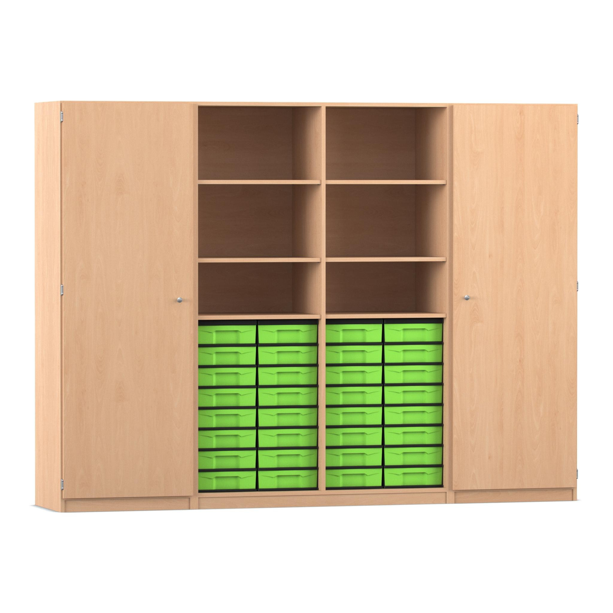 Flexeo® Systemschrankwand Mars, Buche hell, 32 kleine Boxen grün, 16 Fächer, HxBxT: 190 x 254,6 x 50 cm, Dreholive