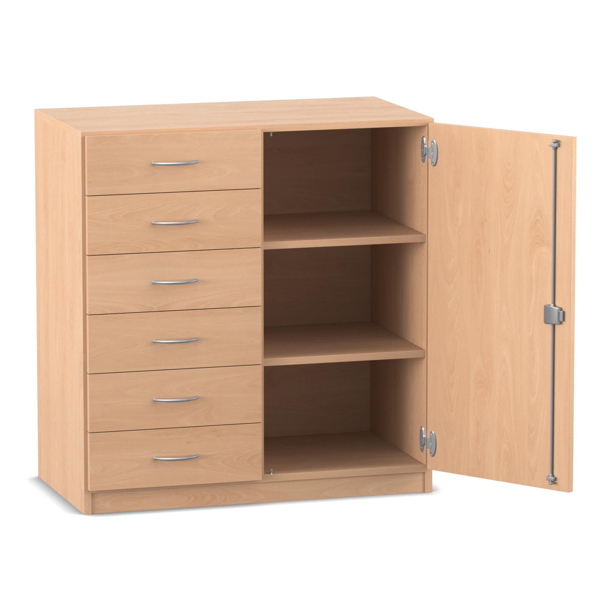 Flexeo® Schrank, Buche hell, 6 kleine Schubladen, Türanschlag rechts, HxBxT: 99, 1 x 94,4 x 40 cm, Bogengriff mit Schloss