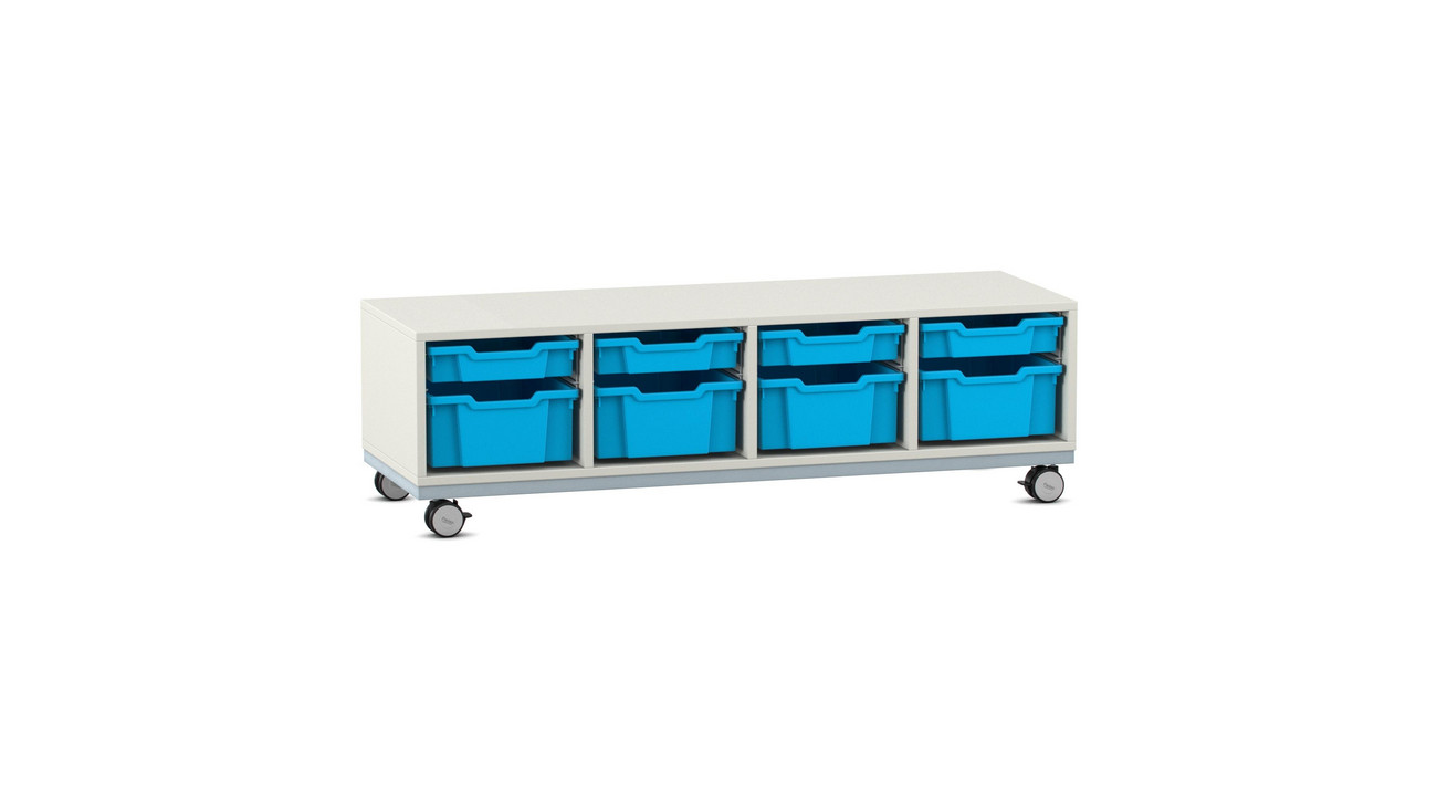 Flexeo® Sitzregal PRO weiß, HxBxT: 42,9 x 143,9 x 48 cm, 8 Boxen hellblau, mit Rollen