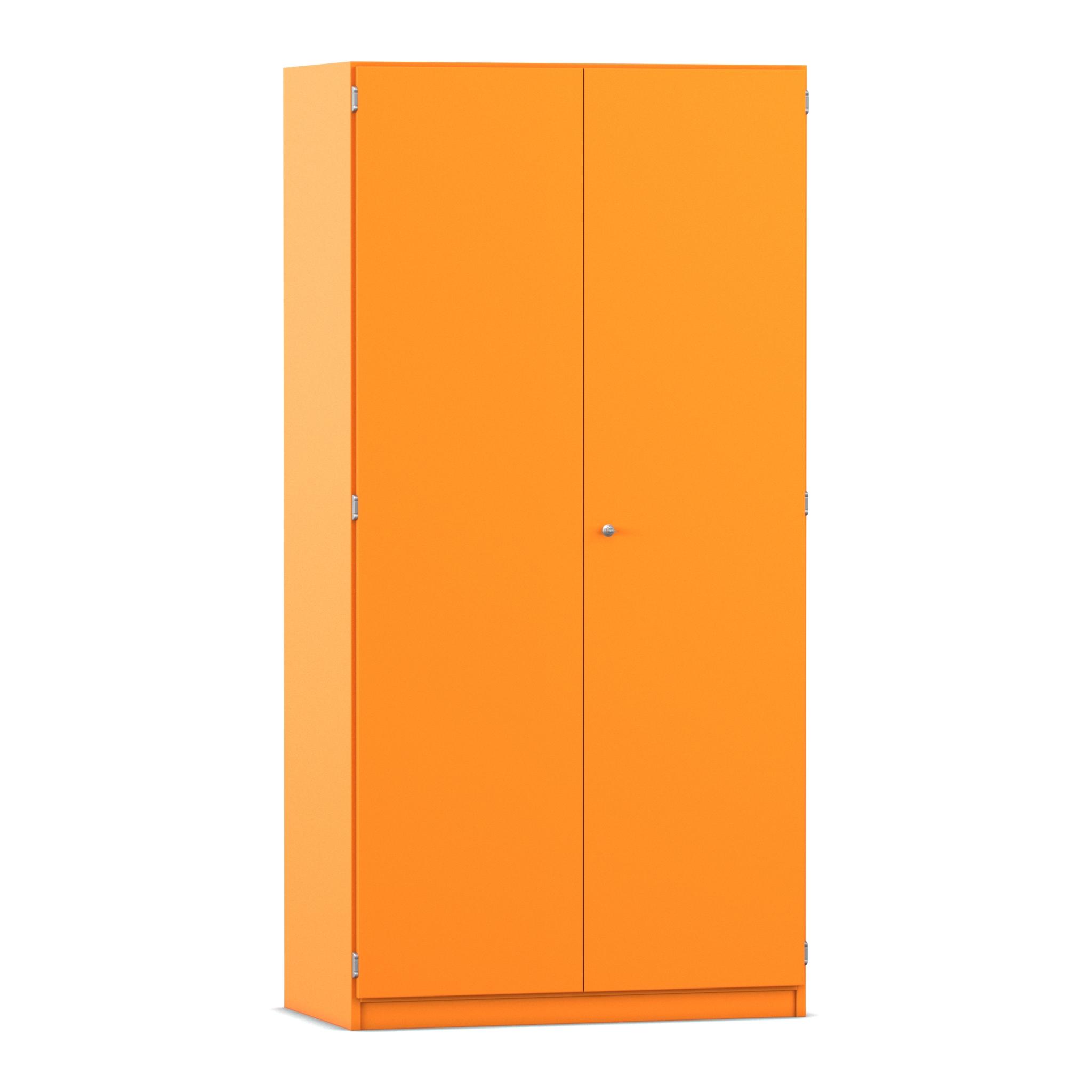 Flexeo Hochschrank Orange mit 3 großen Fächern, 12 großen Boxen grün, Türen, Bogengriff mit Schloss, 50cm tief