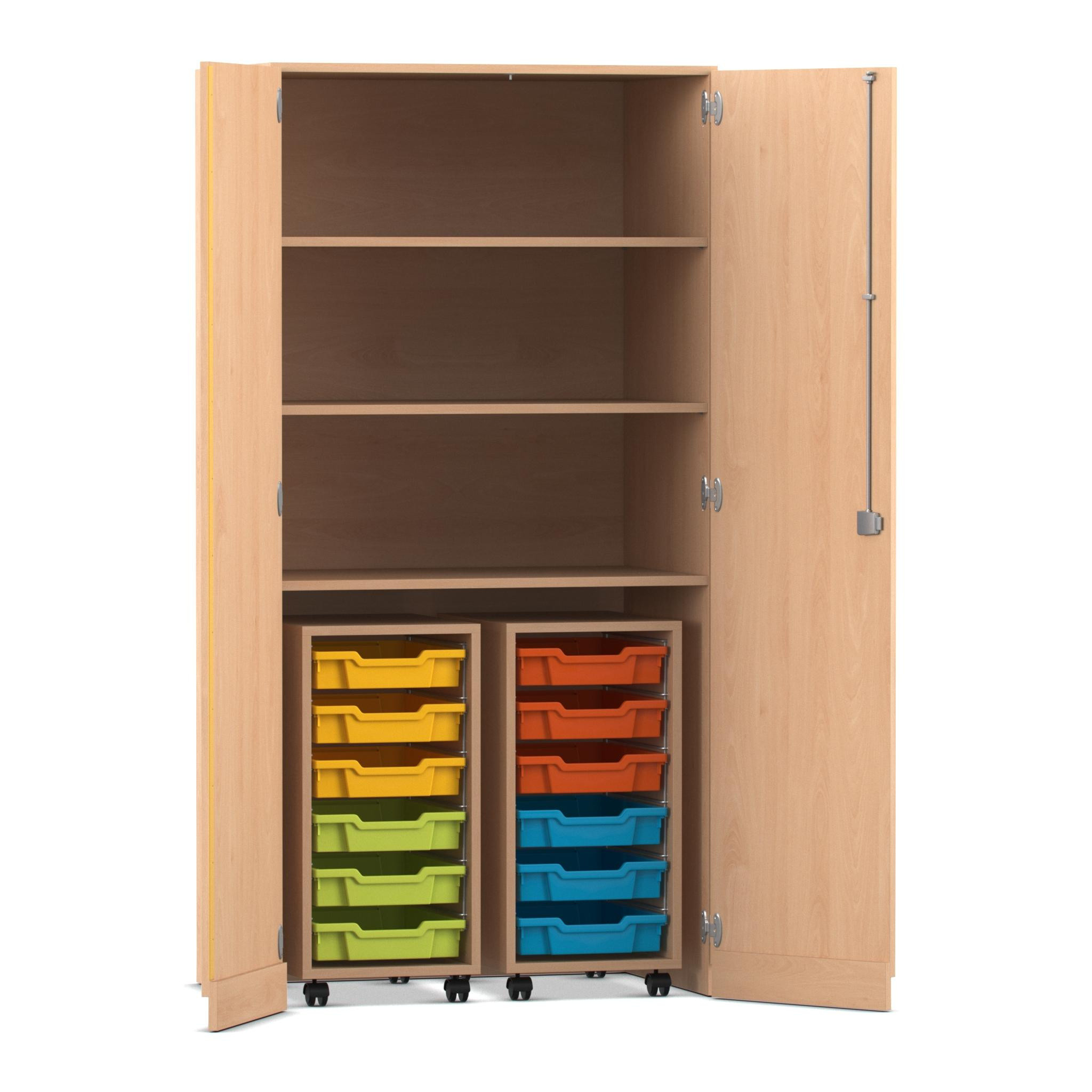 Flexeo® Garagenschrank PRO, Buche hell, 2 Rollcontainer, 12 kleine Boxen bunt, 3 Fächer, HxBxT: 190 x 94,4 x 60 cm