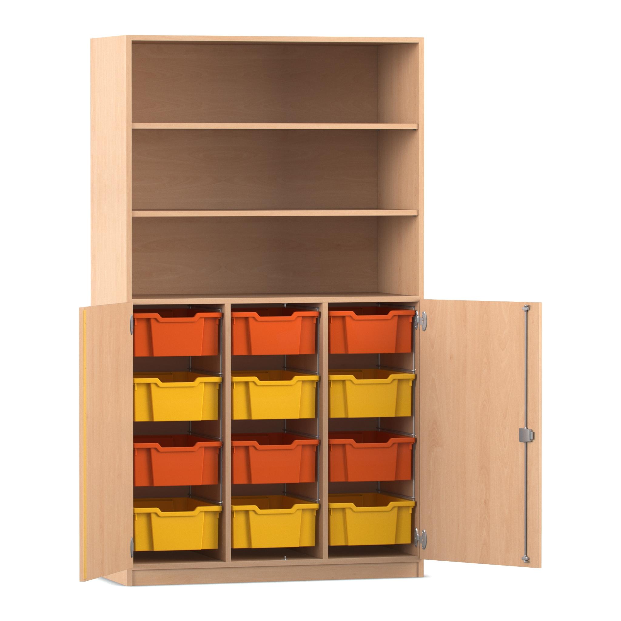 Flexeo Halbtürenschrank Buche hell 190 x 108,1 x 50 cm, 12 großen Boxen orange-gelb