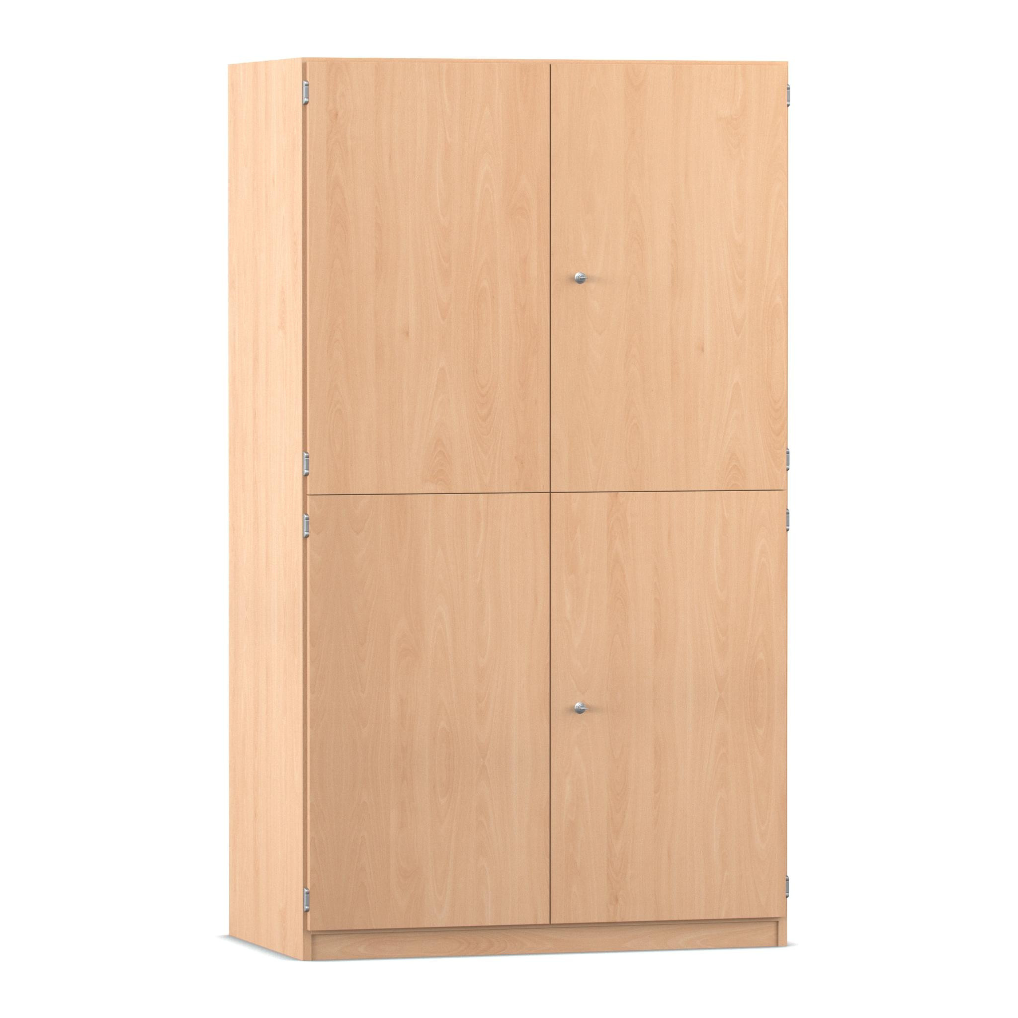 Flexeo Bastelschrank, Buche hell, HxBxT: 190 x 108,1 x 60 cm, 4 Halbtüren, 18 kleine Boxen transparent, Bogengriff mit Schloss