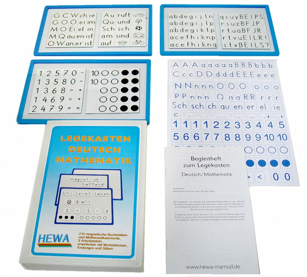 Legekasten Deutsch & Mathematik in blau mit 3 Tafeln, 215 Elemente, 1.-2. Klasse