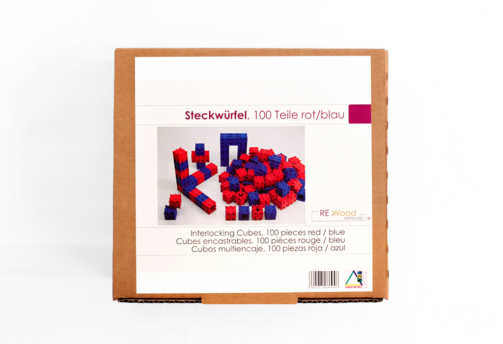 100 Steckwürfel 2 x 2 x 2 cm, aus RE-Wood® in rot / blau, 4-8 Jahre