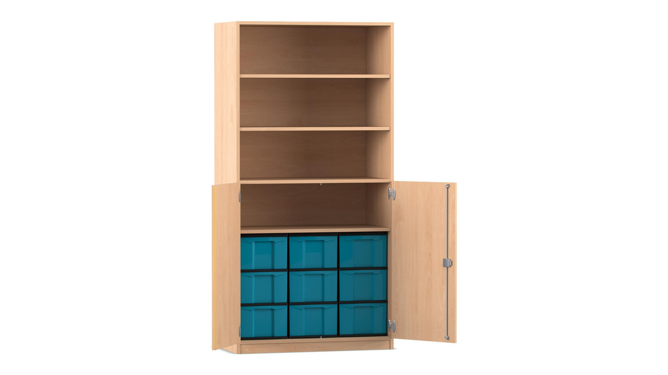 Flexeo® Schrank, Buche hell, 9 große Boxen blau, 4 Fächer, 2 Halbtüren, HxBxT: 190x94,5x50 cm, Bogengriff mit Schloss