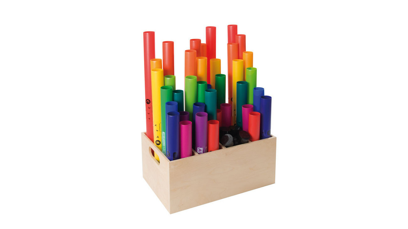 Boomwhackers®, Klassensatz in Aufbewahrungsbox, Set mit 39 Röhren, inkl. 8 Octavator-Caps