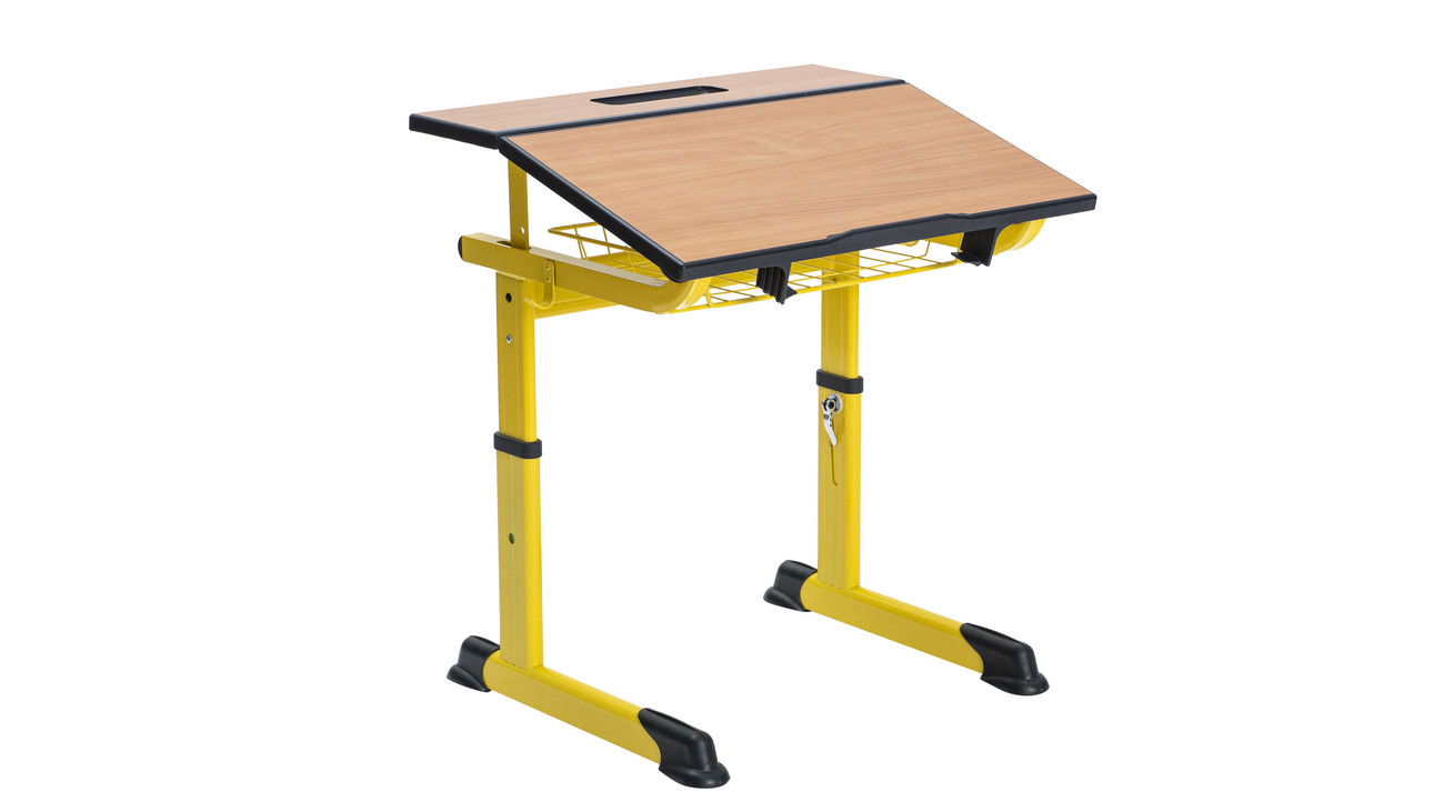 Aluflex Einer-Schülertisch, höhenverstellbar 64-82 cm, Stahlrohrfarbe zinkgelb, mit Drahtkorbablage, Filzgleiter, 9-18+ Jahre