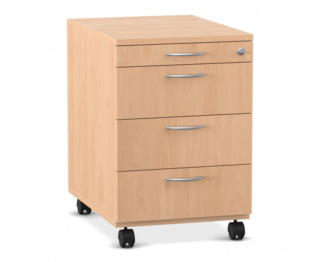 Flexeo Rollcontainer mit 4 Schubladen, Buche hell, HxBxT 64,7 x 43,4 x 60,2 cm, Rollen, Bogengriff mit Schloss