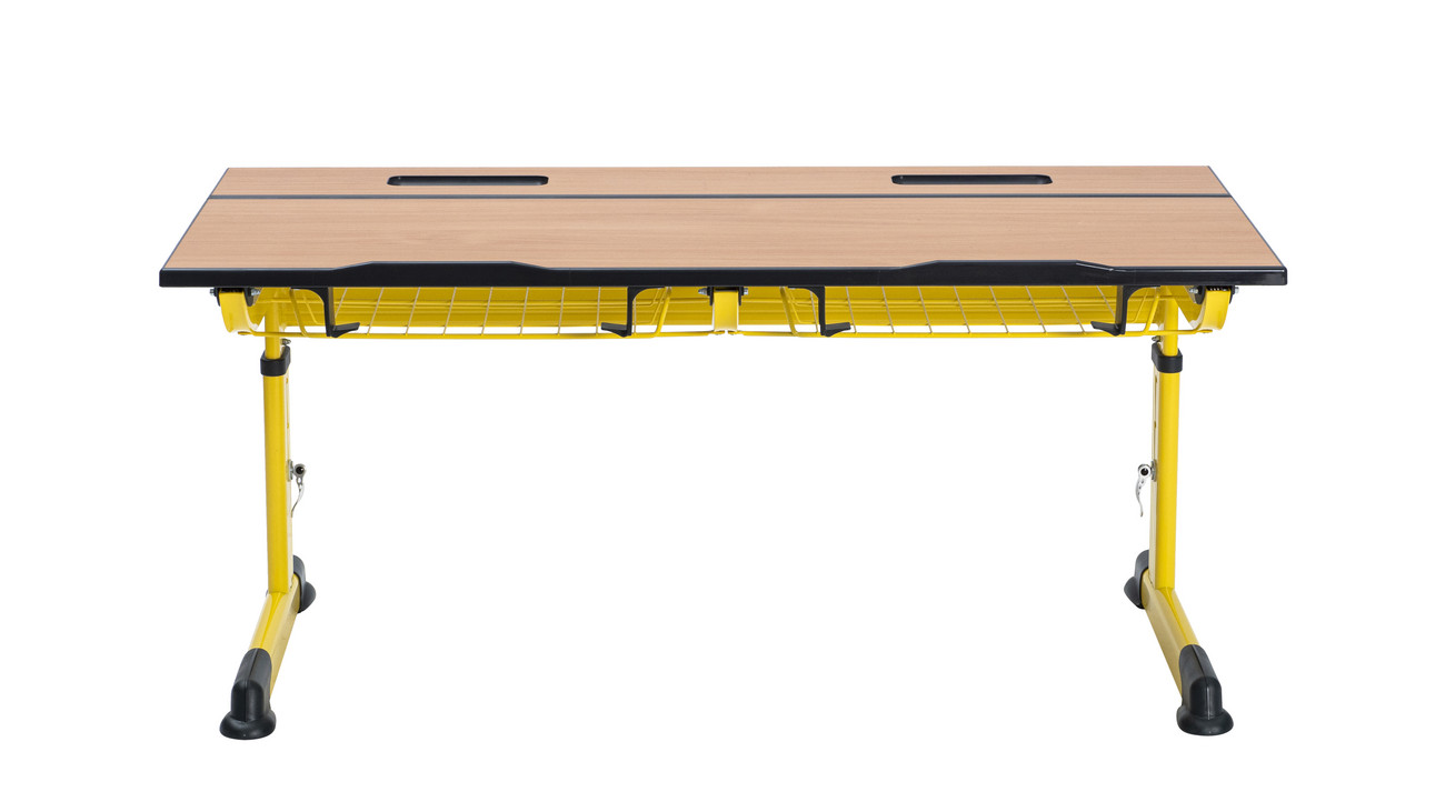 Aluflex Zweier-Schülertisch, höhenverstellbar 58-70 cm, Stahlfarbe zinkgelb, mit Drahtkorbablage, Filzgleiter, 6-12 Jahre