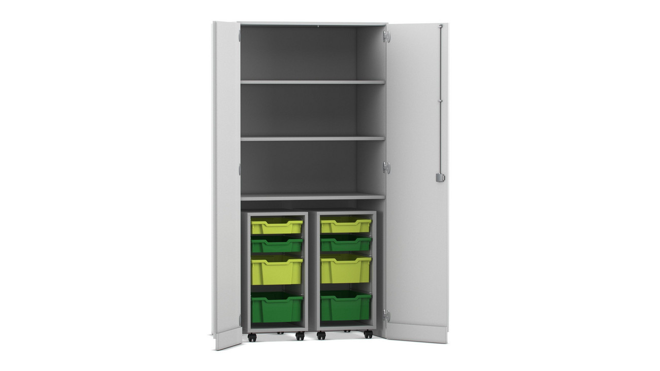 Flexeo® Garagenschrank PRO, Dekor grau, HxBxT: 190 x 94,4 x 60 cm, 2 Rollcontainer, 8 Boxen Gr. S und M, dunkelgrün/hellgrün, Bogengriff mit Schloss