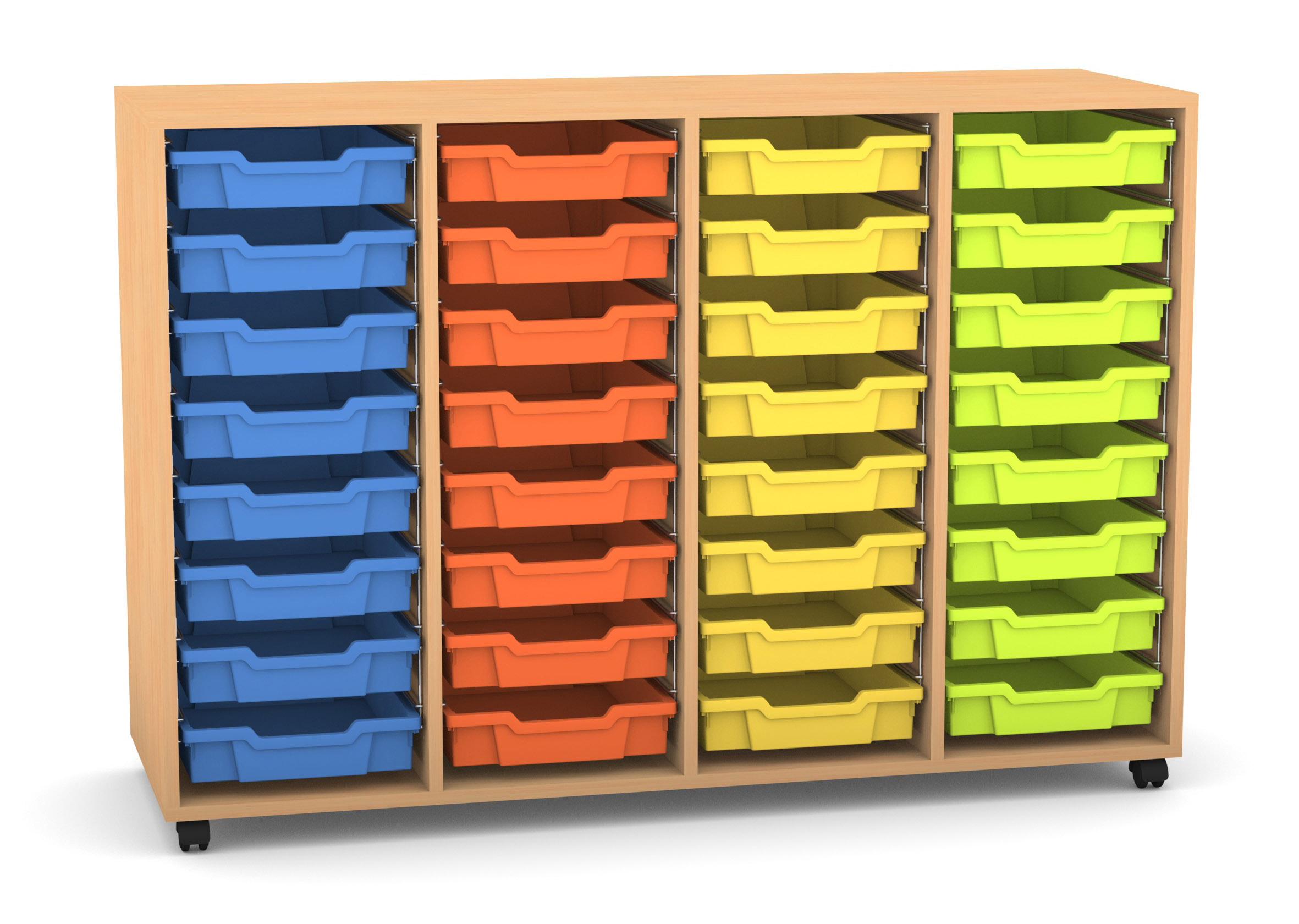 Flexeo Regal PRO, Buche hell, HxBxT: 99.1 x 143.9 x 48 cm, mit 4 Reihen, Rollen, inkl. 32 kleine Boxen bunt A