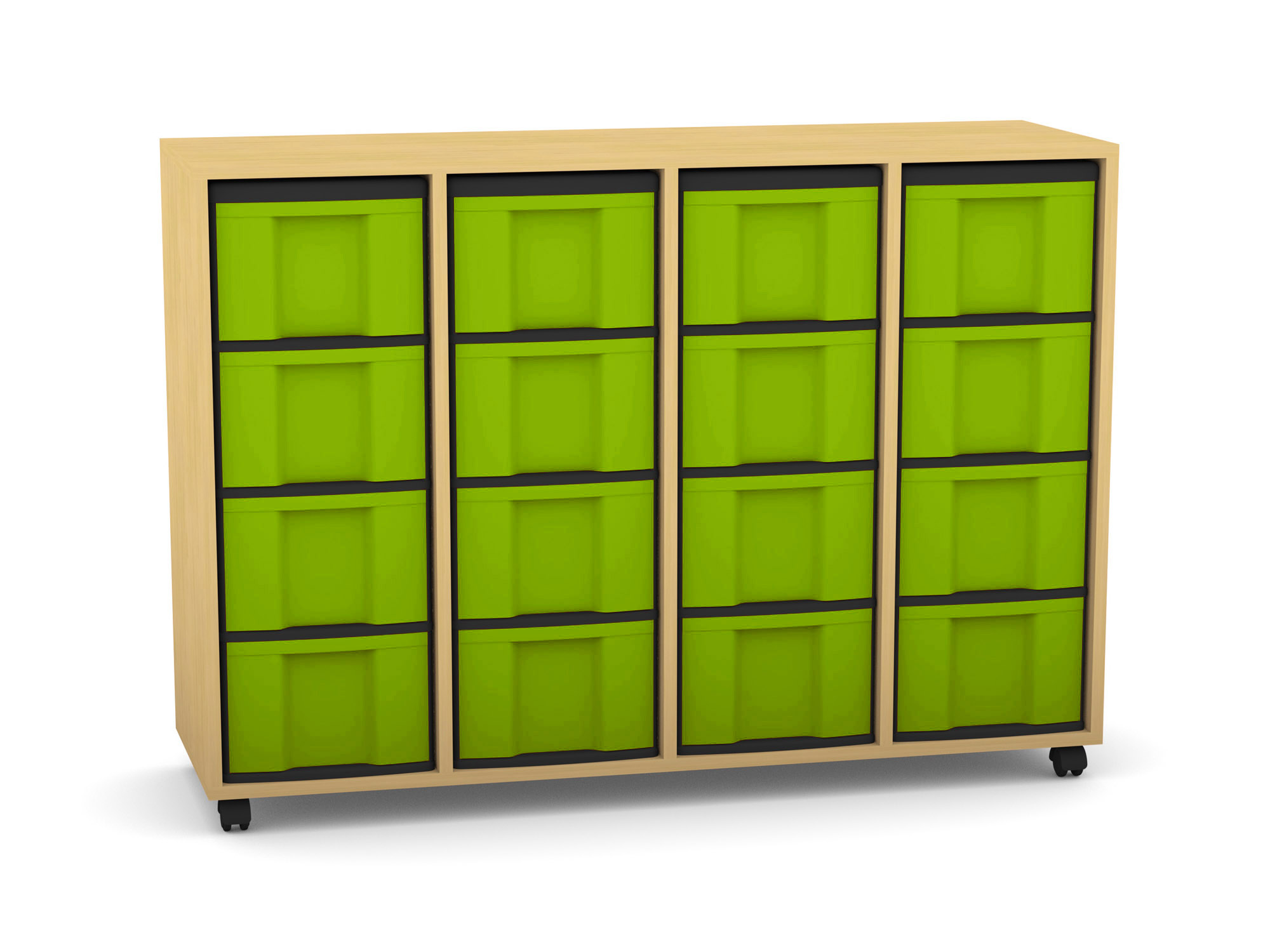 Flexeo Regal mit 4 Reihen, Dekor Buche hell, Sockel, 16 hohe Schubladen grün, HxBxT: 92,3 x 130,7 x 40,8 cm