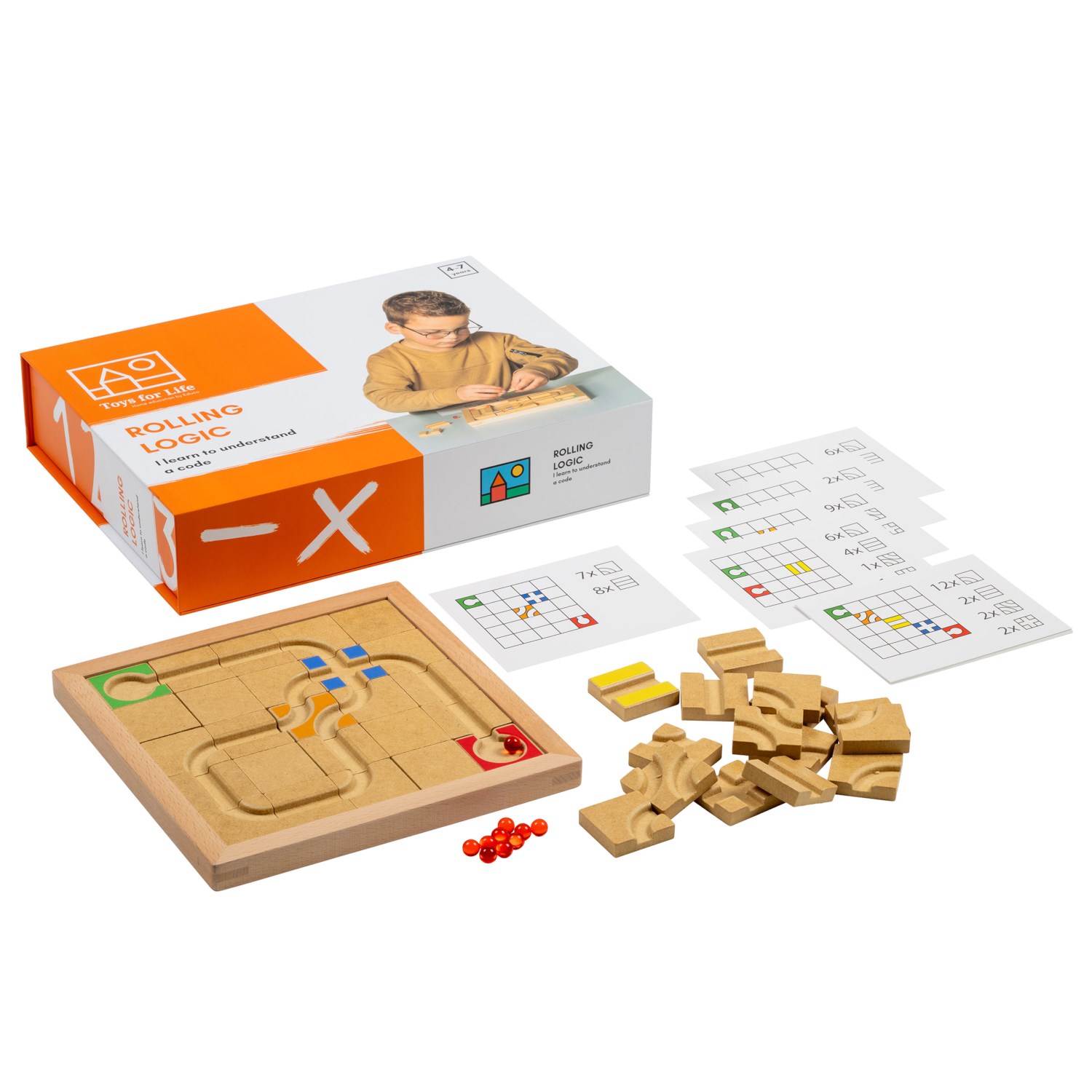 Logikspiel mit Murmeln und Bausteinen, Rolling Logic, Coding-Grundlagen, mit Aufgabenkarten