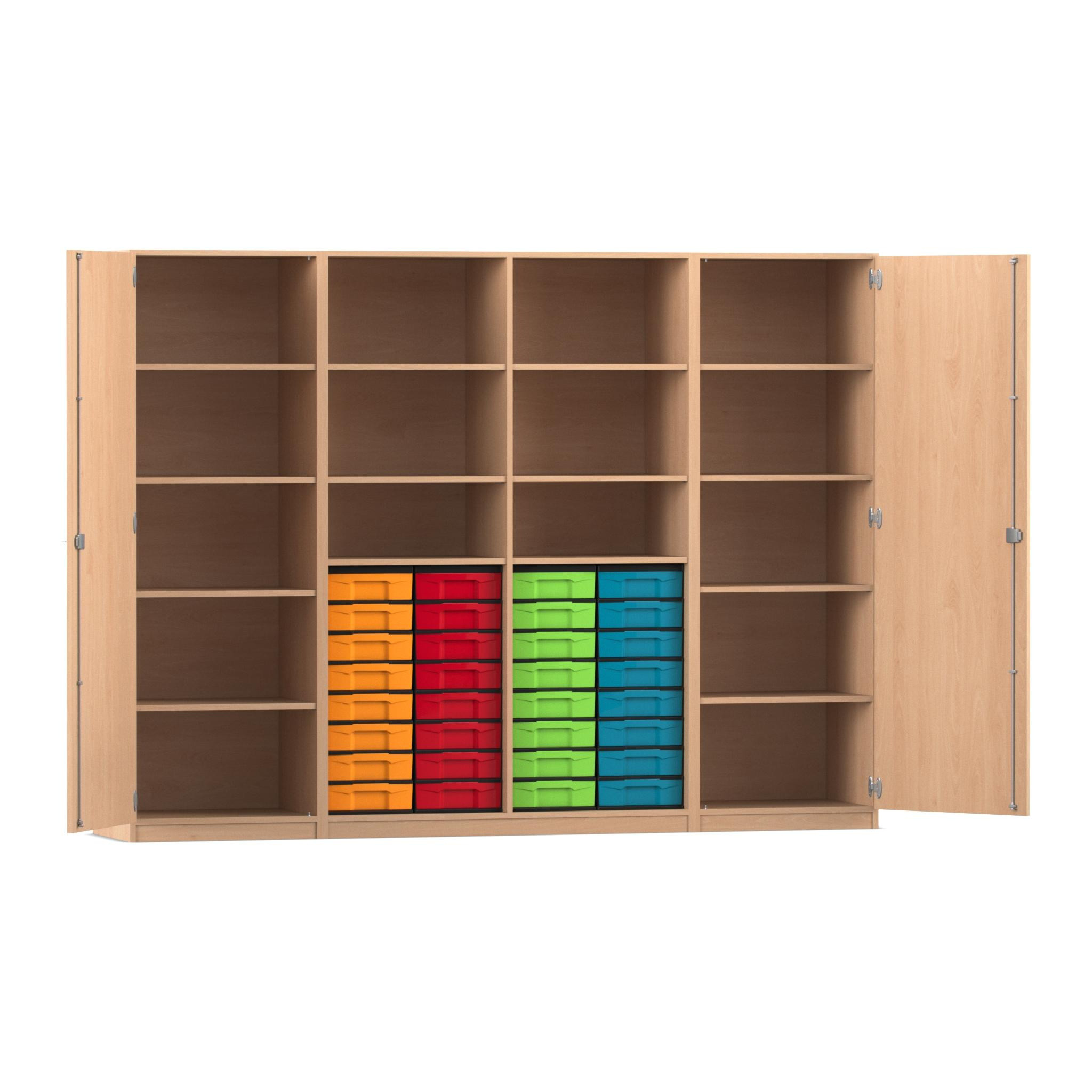 Flexeo Systemschrankwand Mars, Buche hell, HxBxT: 190 x 254,6 x 50 cm, 32 kleine Boxen bunt, Bogengriff mit Schloss