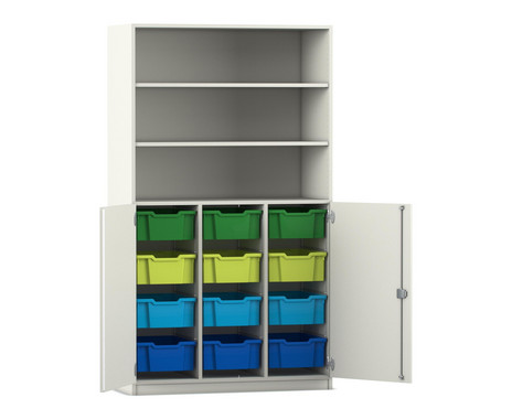 Flexeo Halbtürenschrank weiß 190 x 108,1 x 50 cm, 12 großen Boxen, bunt B, Bogengriff mit Schloss