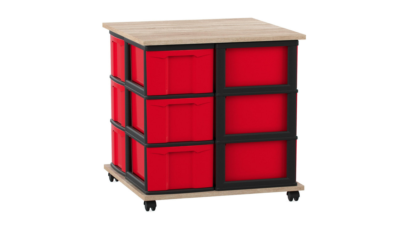 Flexeo® Fahrbares Containersystem Ahorn honig mit Ablage, 12 große Boxen rot