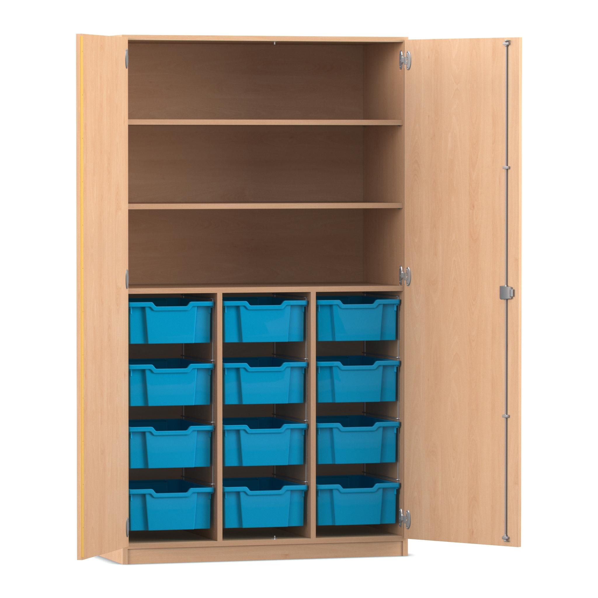 Flexeo Hochschrank, Buche hell, große Boxen hellblau, Bogengriff mit Schloss, HxBxT: 190 x 108,1 x 60 cm