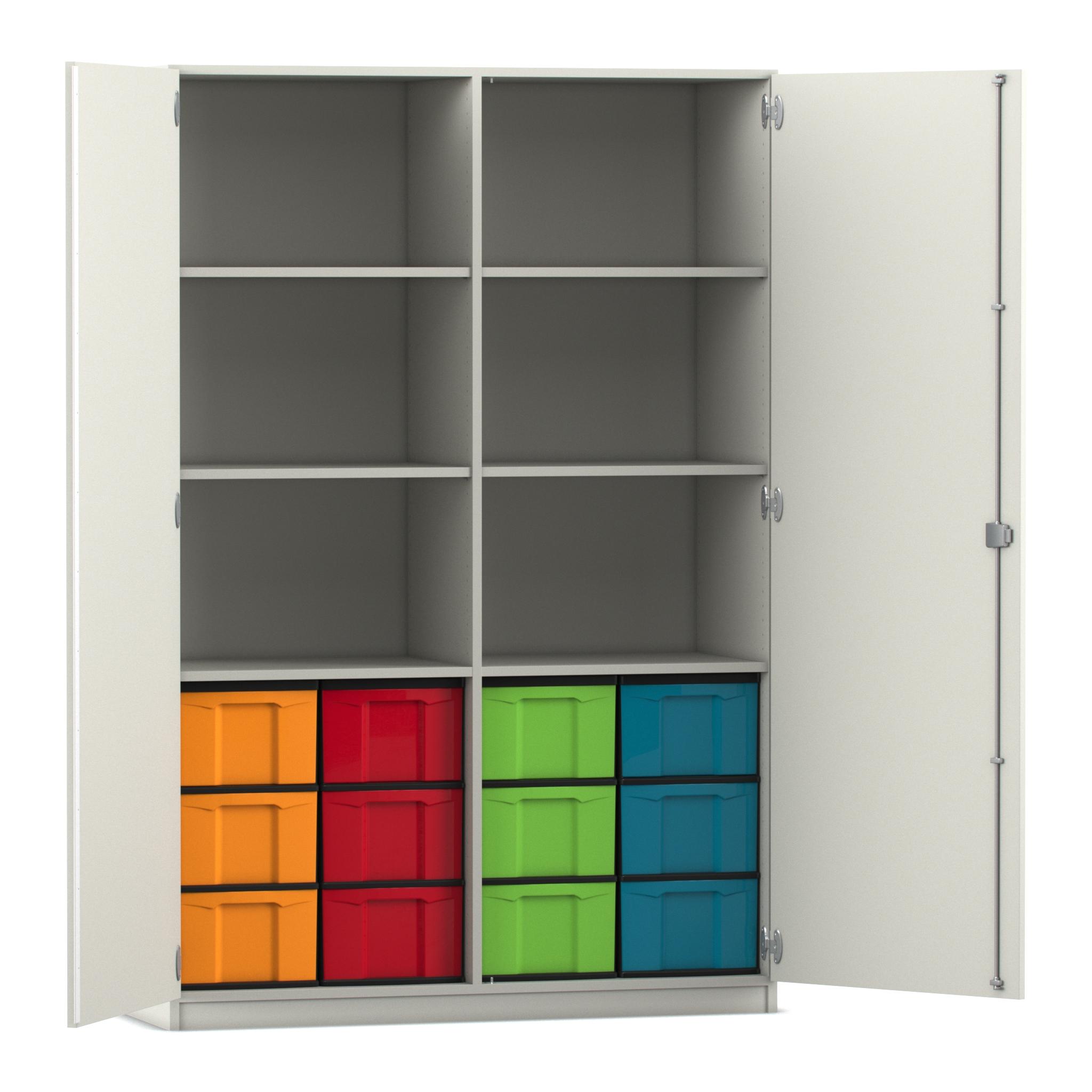 Flexeo Hochschrank mit 6 Fächern, Dekor weiß, HxBxT: 190x126,4x50 cm, 12 großen Boxen bunt, Bogengriff mit Schloss