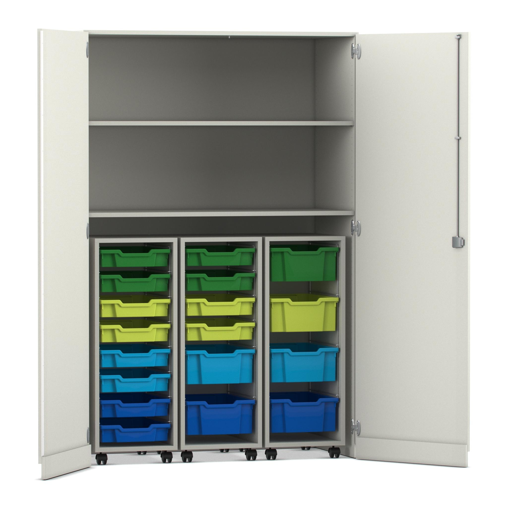 Flexeo Garagenschrank, Dekor weiß, HxBxT: 190x126,4x60 cm, 3 Rollcontainer mit Boxen bunt B, Dreholive