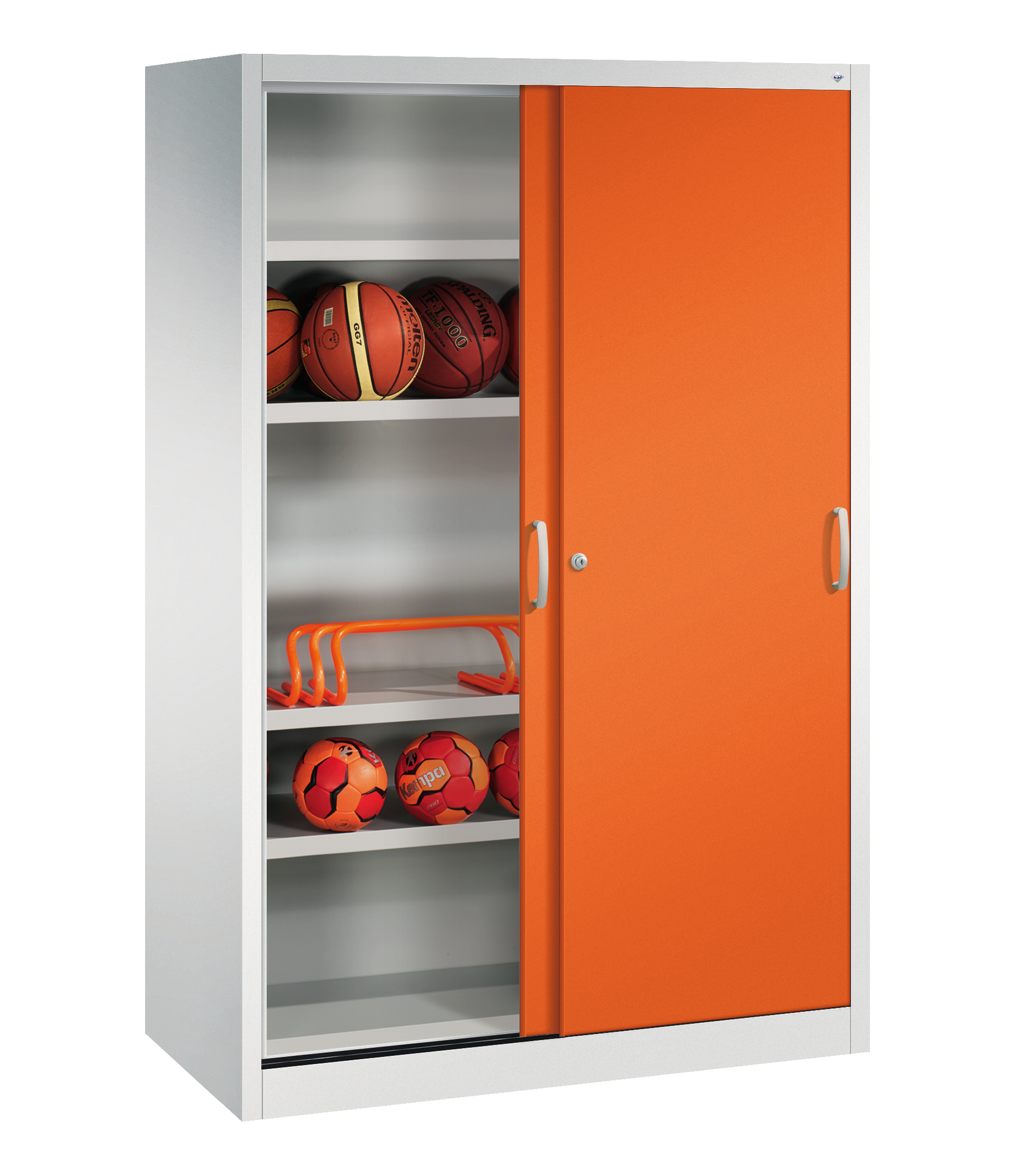C+P Sportgeräteschrank, 1950x1200x600mm, Korpus RAL 7035 Lichtgrau, Front RAL 2004 Reinorange