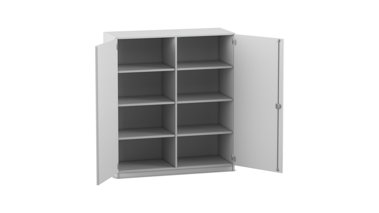 Flexeo® mittelhoher Schrank grau mit 3 Fachböden, HxBxT: 143,9 x 126,4 cm x 50 cm, Bogengriff mit Schloss