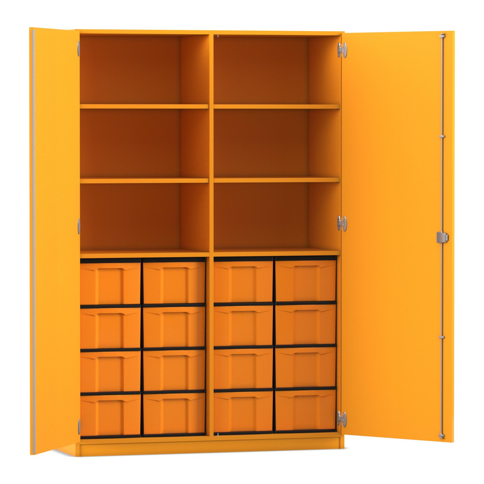Flexeo® Schrank gelb, 16 große Boxen gelb, 6 Fächer, Mittelwand, 2 Türen