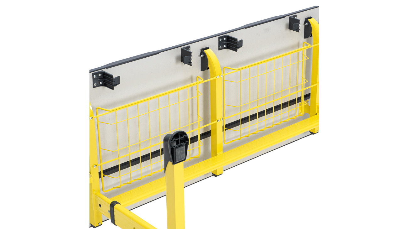 Aluflex Zweier-Schülertisch, höhenverstellbar 58-70 cm, Stahlfarbe zinkgelb, mit Drahtkorbablage, Filzgleiter, 6-12 Jahre