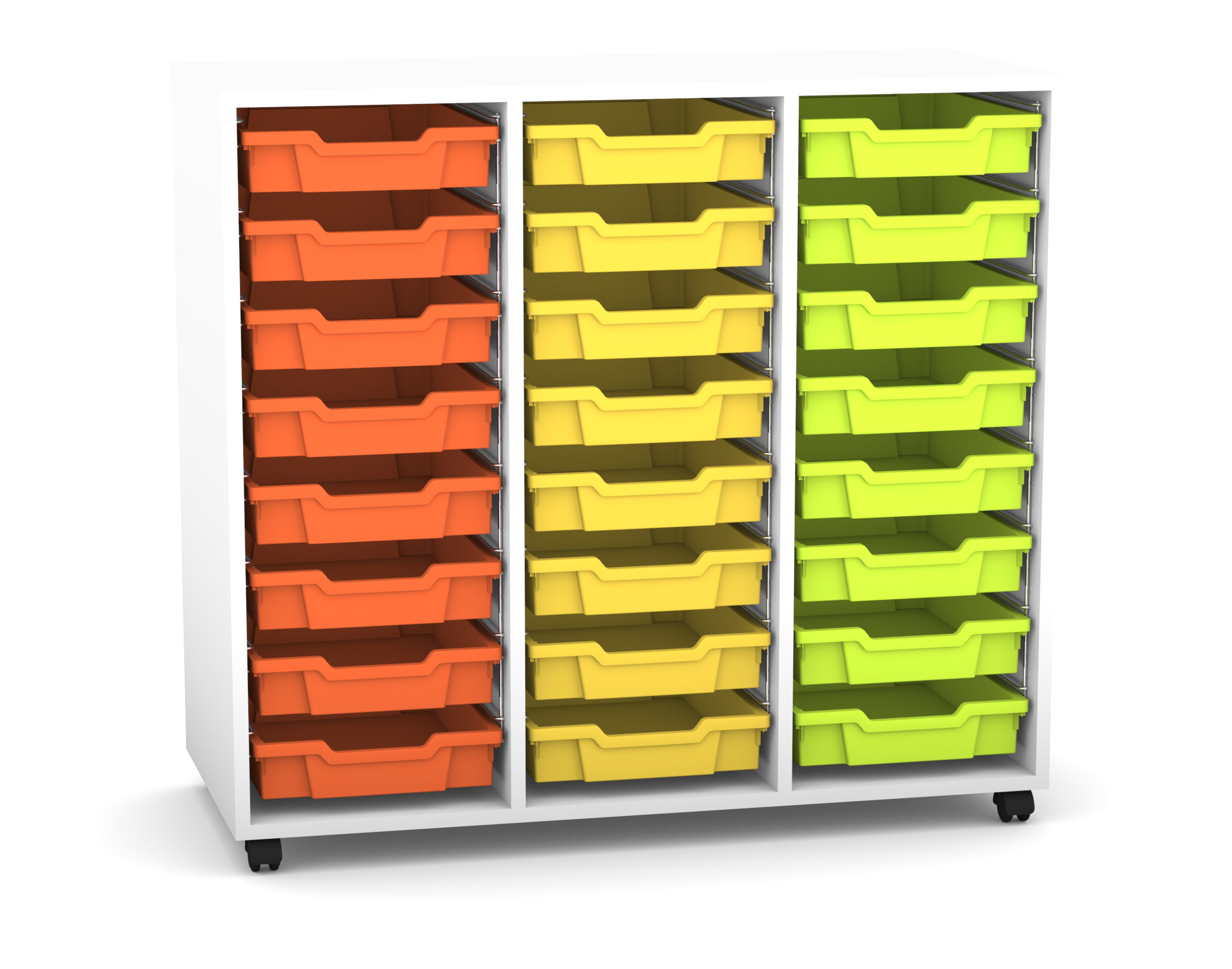 Flexeo Regal PRO weiß, 3 Reihen, Rollen, 24 kleine Boxen orange/gelb/grün, HxBxT: 99,1 x 108,5 x 48 cm