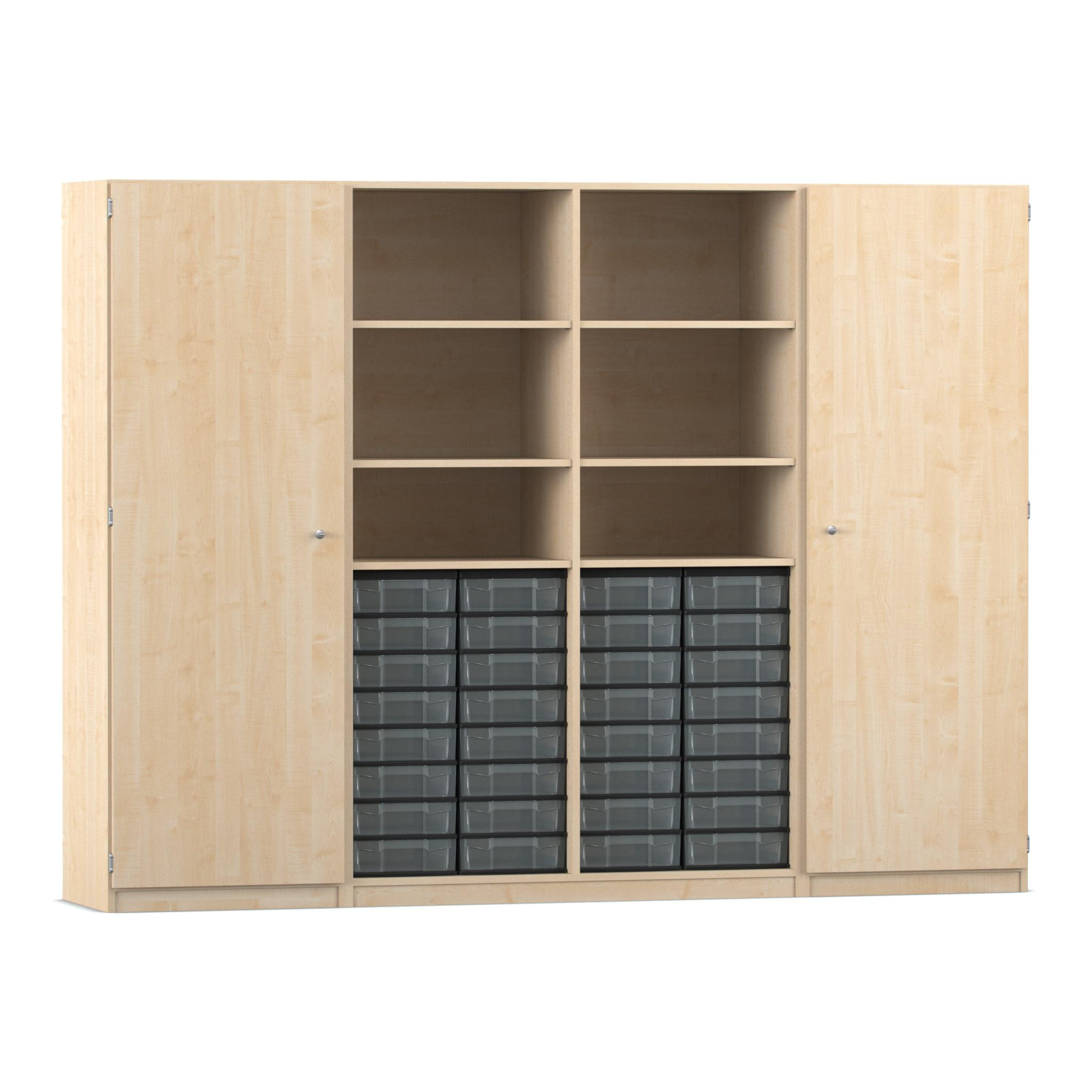 Flexeo Systemschrankwand Mars, Ahorn honig, HxBxT: 190 x 254,6 x 50 cm, 32 kleine Boxen transparent, Bogengriff mit Schloss