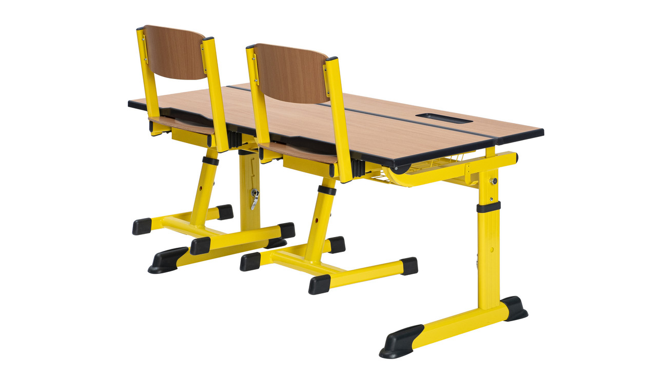 Aluflex Zweier-Schülertisch, höhenverstellbar 58-70 cm, Stahlfarbe zinkgelb, mit Drahtkorbablage, Filzgleiter, 6-12 Jahre